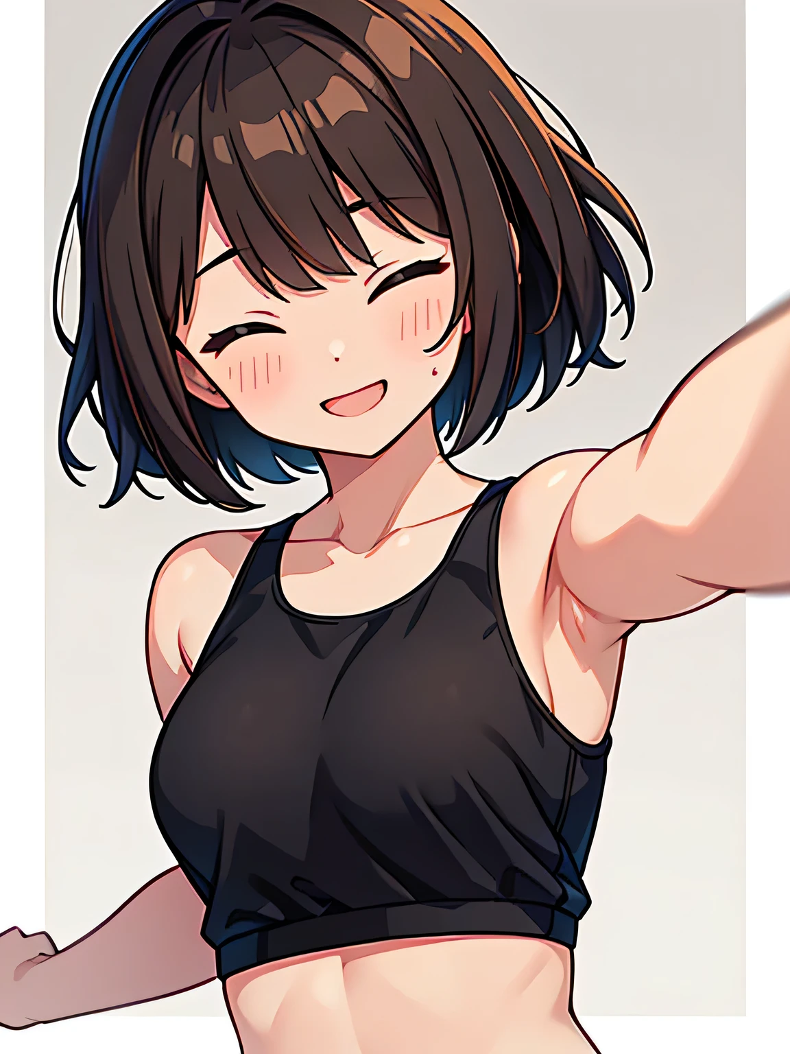 woman、Black sports bra、Sweaty、Bobcut、Brown Hair、smile、Eyes closed、D Cup、With arms outstretched、No background、Background white