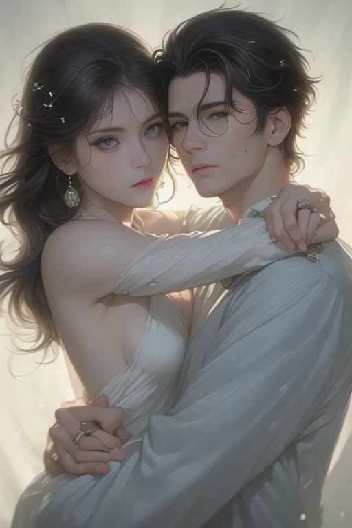 High-quality images of couples: blond man (Tall、Statue-like、Handsome and、Brave young man、Blue eyes、Curly golden hair、Wearing a grey antique military uniform) A woman with black hair (long straight black hair、Long Bangs、Blackberry eyes、A beautiful young femme fatale、naked、PRİNCESS、Hugging。They are in love with each other。Created by Boris Vallejo「Ideal Anatomy」The sketch of、It is characterized by being very detailed.。masterpiece、Detailed study of the face、Beautiful Face、Features of Beautiful Face、Perfect Image、Realistic shots、Detailed study of the face、Full body image、8k、Detailed Images、Highly detailed illustration、A true masterpiece of the highest quality、Careful drawing。Bare Skin、Gown and naked watercolor、

ゴシック、ロマンス
黒のパンティ、