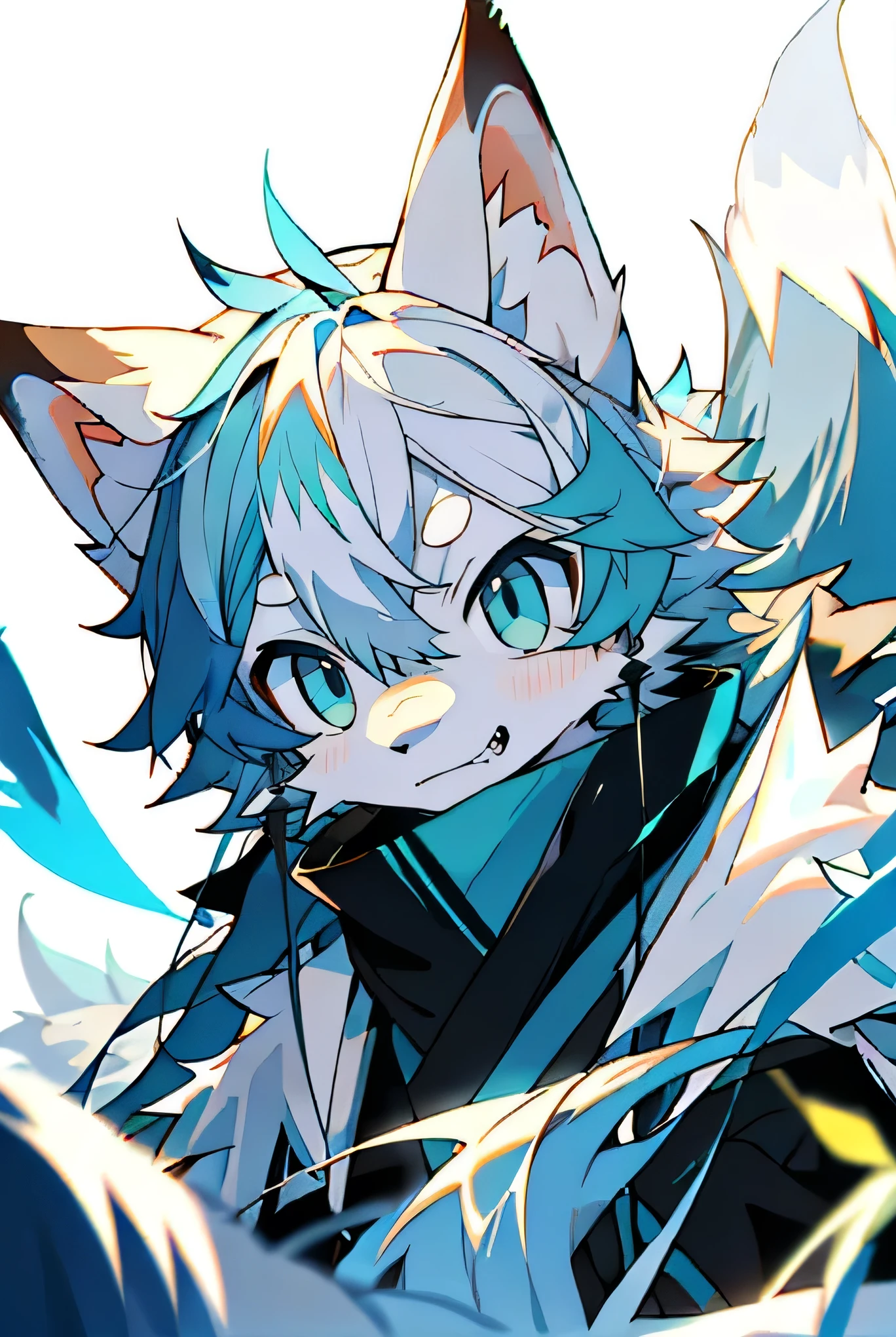Depth of Field,Perfect lighting,Light Particles,(best quality),(Top quality)(masterpiece),(Extremely detailed),arctic fox,blue fur,White ears,concentrated,Sharp eyes,blue eyes,hairy,Common,Blue Fox,blue,hairy,Blue and white tail,Long Tail,White hair,front,Upper Body