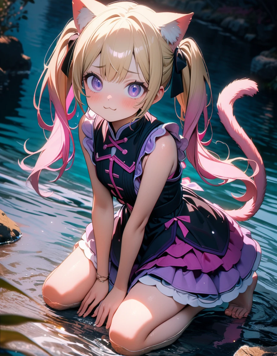 (8K, best quality, master piece: 1.2),super high resolution,1 girl,solo,16yo,ultra-detailed face,detailed eyes,blonde hair,Long twin tails,pink gradient hair,Pink to purple color Gradientlayered dress,pink Cat ears,pink Cat tail,> < ,:3,full body,Barefoot,kneeling,rim light,in the water,River