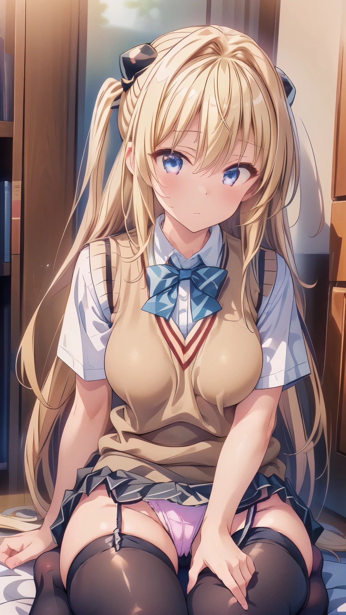 ((masterpiece, Highest quality, High resolution, 超High resolution, Pixel Perfect, Written boundary depth, 4K, RTTX 10.0, Human Development Report))), 1 girl, single, alone, beauty、View the whole body、((blue eyes, Beautiful eyelashes, Realistic eyes)), ((Detailed face, blush:1.2)), ((Smooth texture:0.75, Vibrant质感:0.65, Vibrant:1.1, Anime CG style)), ph_string, sawamura spencer string, One girl, Blonde, blue eyes, , Twin tails, alone, tooth, Long Hair, Open your mouth, Hair Ribbon, locker, Anime Coloring, Parody, Seraphim, blush, Upper Body, bangs, Sweater vest, Black Ribbon,Medium chest, mini skirt,Perfect body, ((black tights)), smile, attractive way to sit, (The wind blows my hair,Expose your breasts、black tights) , It snows heavily at night、(((Showing panties:1.3)))、M-shaped legs:1.8、nswf