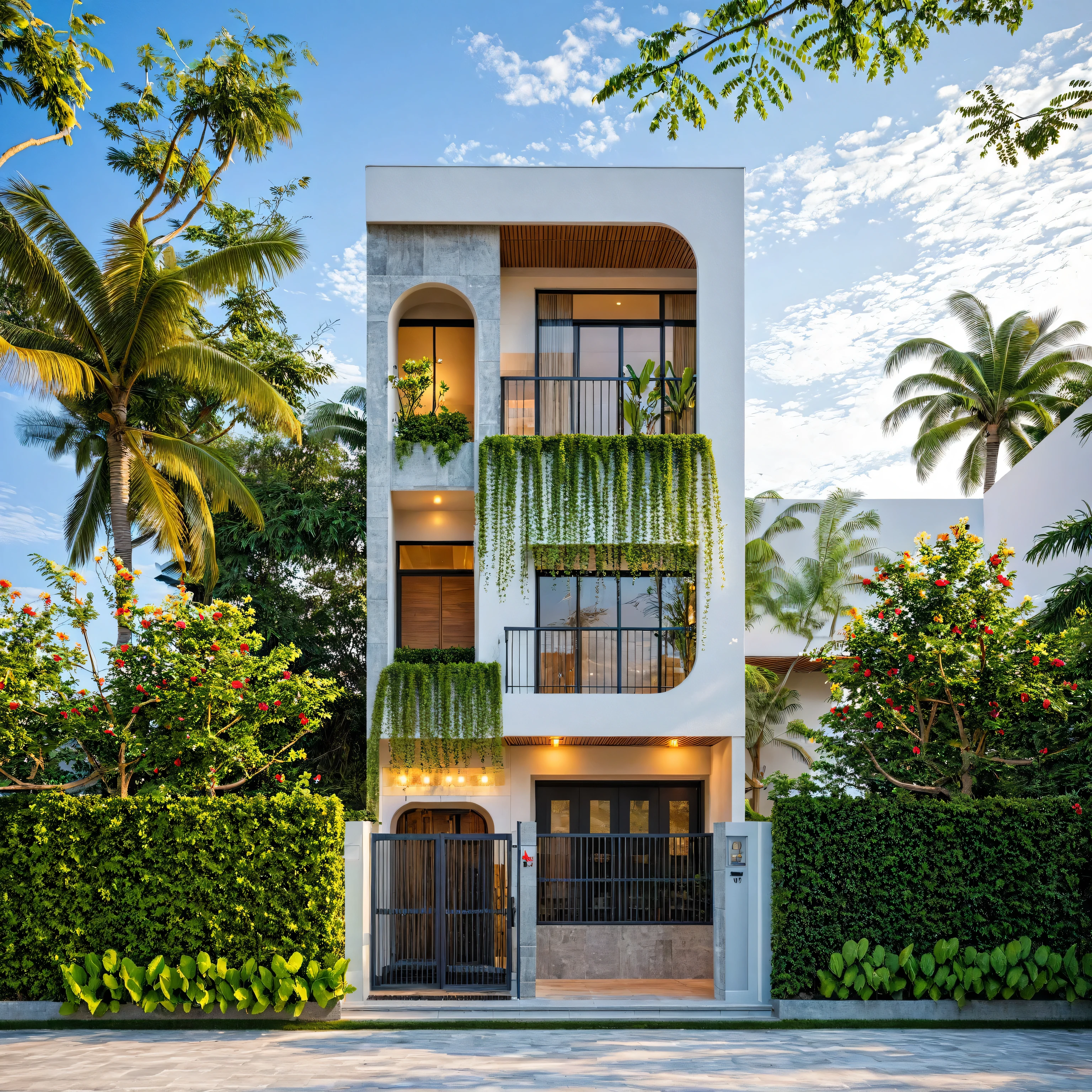 Masterpiece, high-end, best quality, authentic, super detailed, outdoor, aiaigroup, modern 2-storey townhouse, stairs, white walls combined with wood, wind encaustic tiles, iron gate, conwood ceiling, flowers , path, summer evening, grass, trees, sky, clouds, (daylight: 1.1)