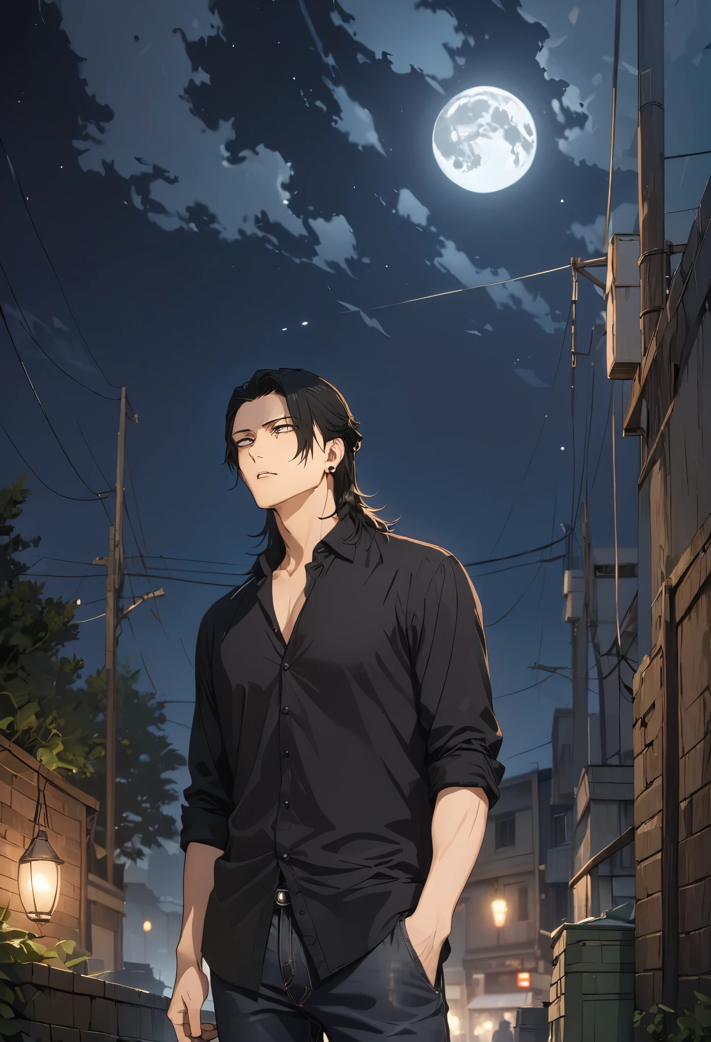 (masterpiece,best quality,4k,8k,absurdres:1.2),sharp and clear, 1boy, Long messy black hair,intense glowing Black eyes,moonlight, wearing black button down and skinny jeans,standing outdoors looking up at the moon,melancholy,adult man 25 years old, very handsome  ((same eyes))