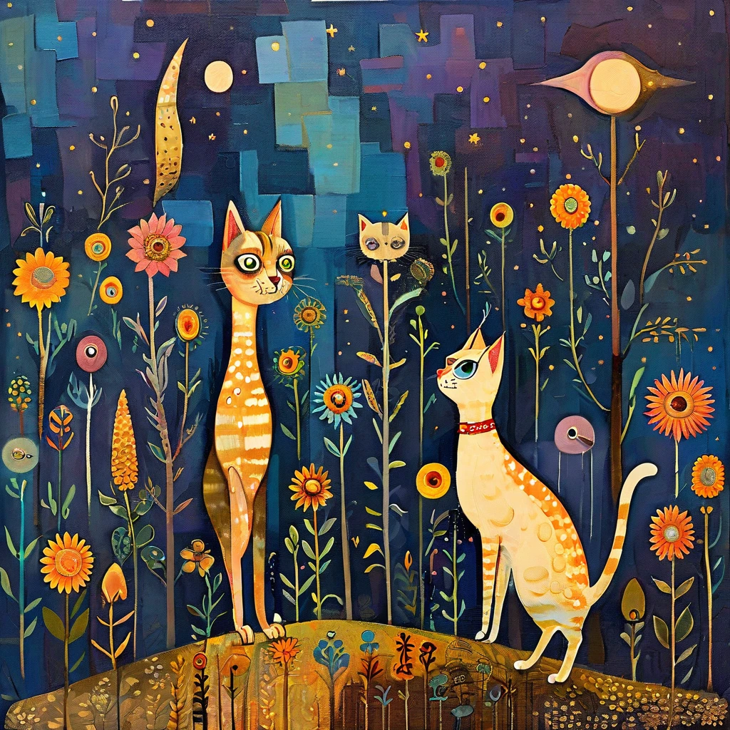 Naive Art . Stylized figures. A small woman holds her very tall, slender, very long-necked cat on a leash, with colorful stripes in geometric patterns, oval head and large slit eyes and whiskers, very long, thin paws. Starry night sky and moon. Cool and warm, muted colors. Detailed drawing, skillful use of chiaroscuro to render the three-dimensionality of the characters.
