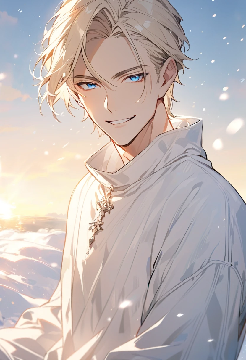 solo, handsome, 1 male, light blond hair, blue eyes, white shirt, white cold, golden, friar,  smile facial