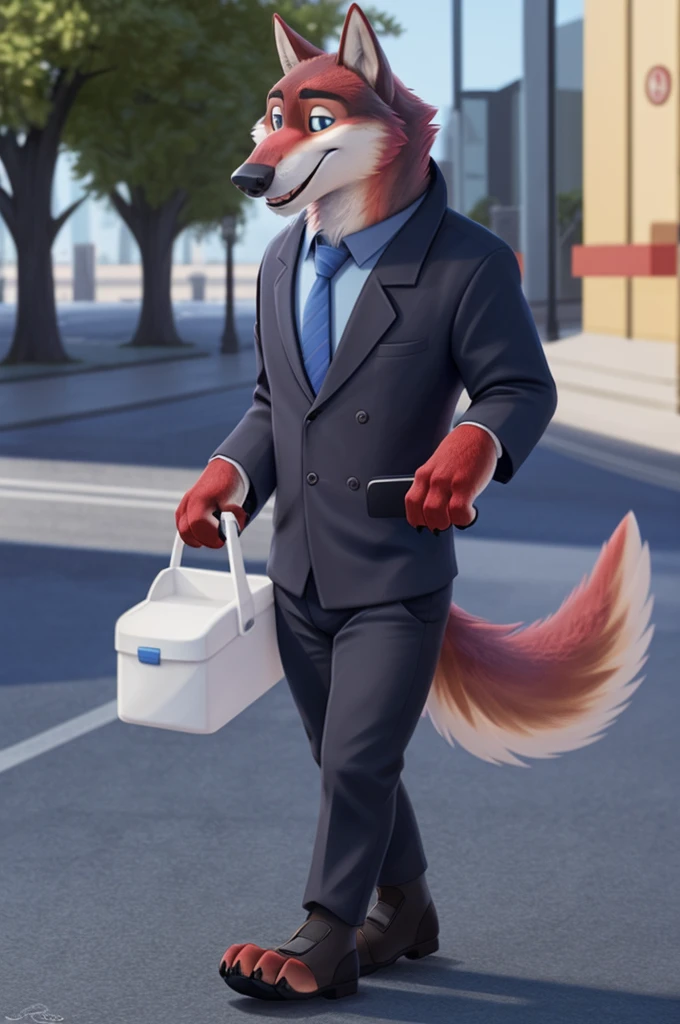 Joachim Wolfbach (Zootopia),tall handsome, wolf,young, 24 years, brown fur,(red body:1.3),Blue eyes, Moscow Dressed jacket, shirt, tie,trousers, canine, wolf, detailed fur, Male, second, paw pads, finger claws,Holding a laptop in his hands, At the viewer, 5 fingers, paws, 5 fingers, smile, happy, resting, wrist watch, т nextel, son walking, baby carriage, , by xenoforge, (difficult, high detail,digital photography, soft focus, RAW, on preparation,smile смех,walks with a wolf cub, open mouth, baby carriage
фотореализм, realistic, photorealistic, og style, subsurface scatng,
masterpiece, Best quality, ultra realistic, 8 thousand.)