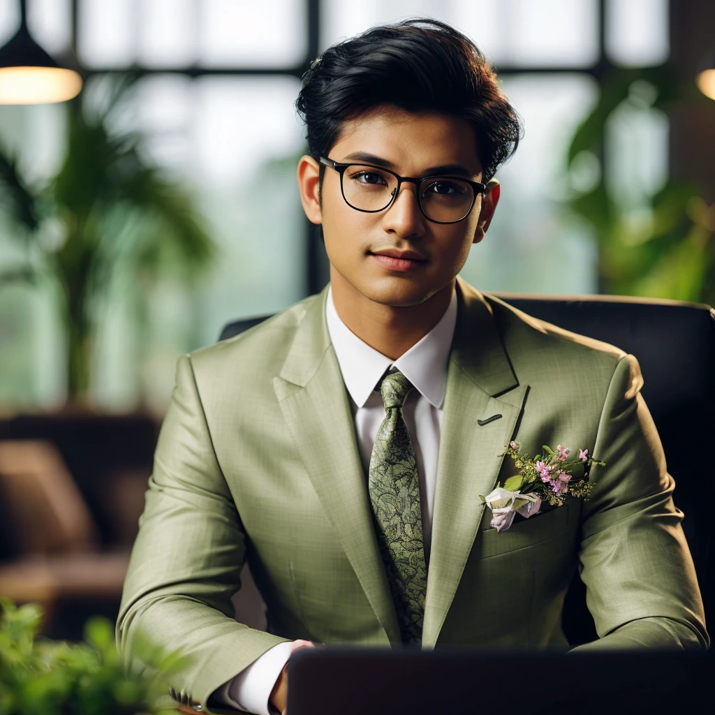 professional masterpiece, 1 man malay, confident, handsome, charming, with short taper fade black hair, natural make up, slight smile, wearing trendy eyeglasses, olive lime luxury suit with flowers on pocket, sitting alone on business chair, posing with laptop for work, fantastic color, set in a business room on office table, with plants in pots around the room, soft lighting, deph of fields effect, ultra realistic, high definition with special effects, resambling photo sony 7000D, ultra realistic