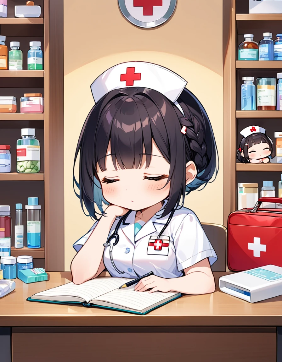Highest quality、High resolution、Detailed Background、Beautiful face in every detail、Anatomically correct、Detailed facial expressions、fine grain、One Girl、((Chibi Girl:1.3))、(nurse)、Black Hair、Braided Bob、(nurse服:1.3、nurseキャップ)、break　(Sleeping at his desk writing in his journal、Sleeping with mouth wide open)、(The background is a hospital room.、First aid kit and medicines on shelves)