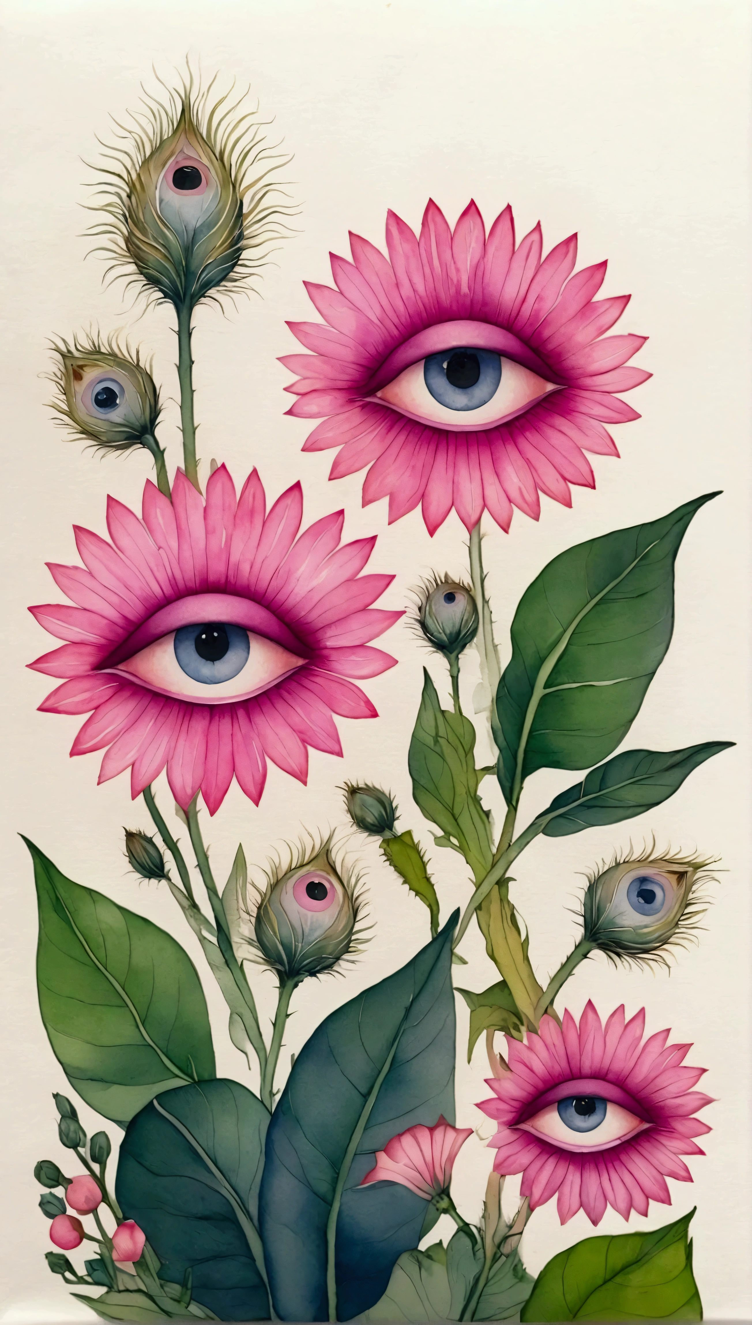 Bizarre plants，(((eye：1.37)))，pink，Neat line drawing，Pen line outline，Exquisite lines，Intricate details，watercolor，Elegant colors，vintage style， format as coloring book page
