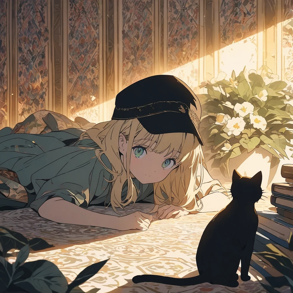 ((Masterpiece)), ((best quality)), (Anime:1.3), (super detail:1.2), (High Definition:1.3), (Professional Photography:1.3), (wide shot), (very aesthetic:1.2), (absurdres:1.2), (sharp focus), (perfect light), ((12 years old)), anime style, blond girl with a black hat sitting on top of books and a cat, patterned background, full body portrait, surrounded by flowers and plants, retro patterns, dark green and light yellow, intricate details, high resolution, vintage style, Flat Style, BREAK, flat color, flat shading, eyes shining colors illuminated light, Delicate and beautiful face, (The Shining), Best lighting, Best Shadow, High saturation, Dynamic Angle,