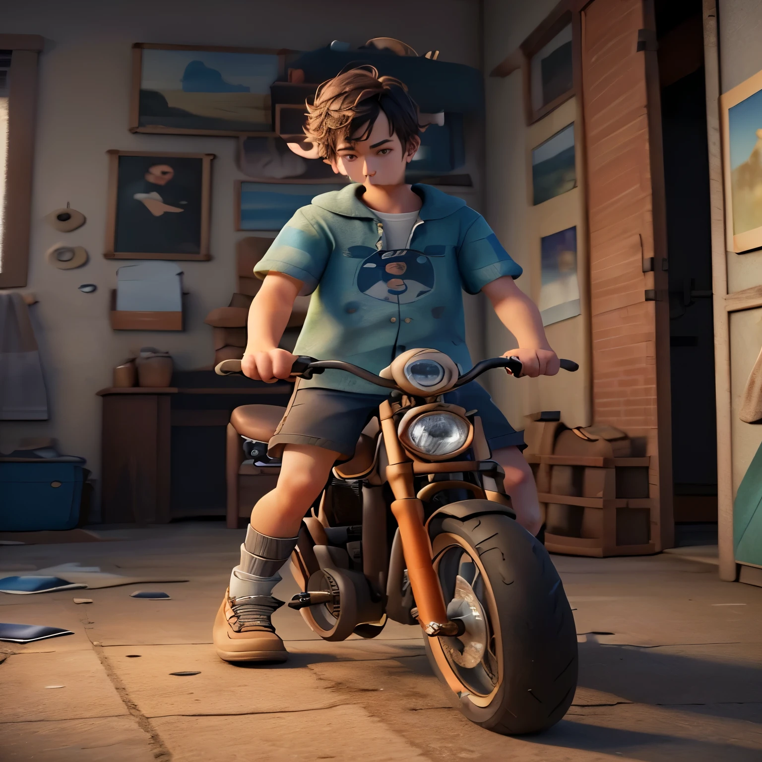 arafed image of a boy on a motorcycle in a room, pixar octane render, pixar renderman render, small character. unreal engine 5, pixar. octane render, childrens art in artstation, animated film, arnold maya render, made in unreal engine 5, 3 d animated movie, render in pixar, rendered in maya and houdini, by Pixar