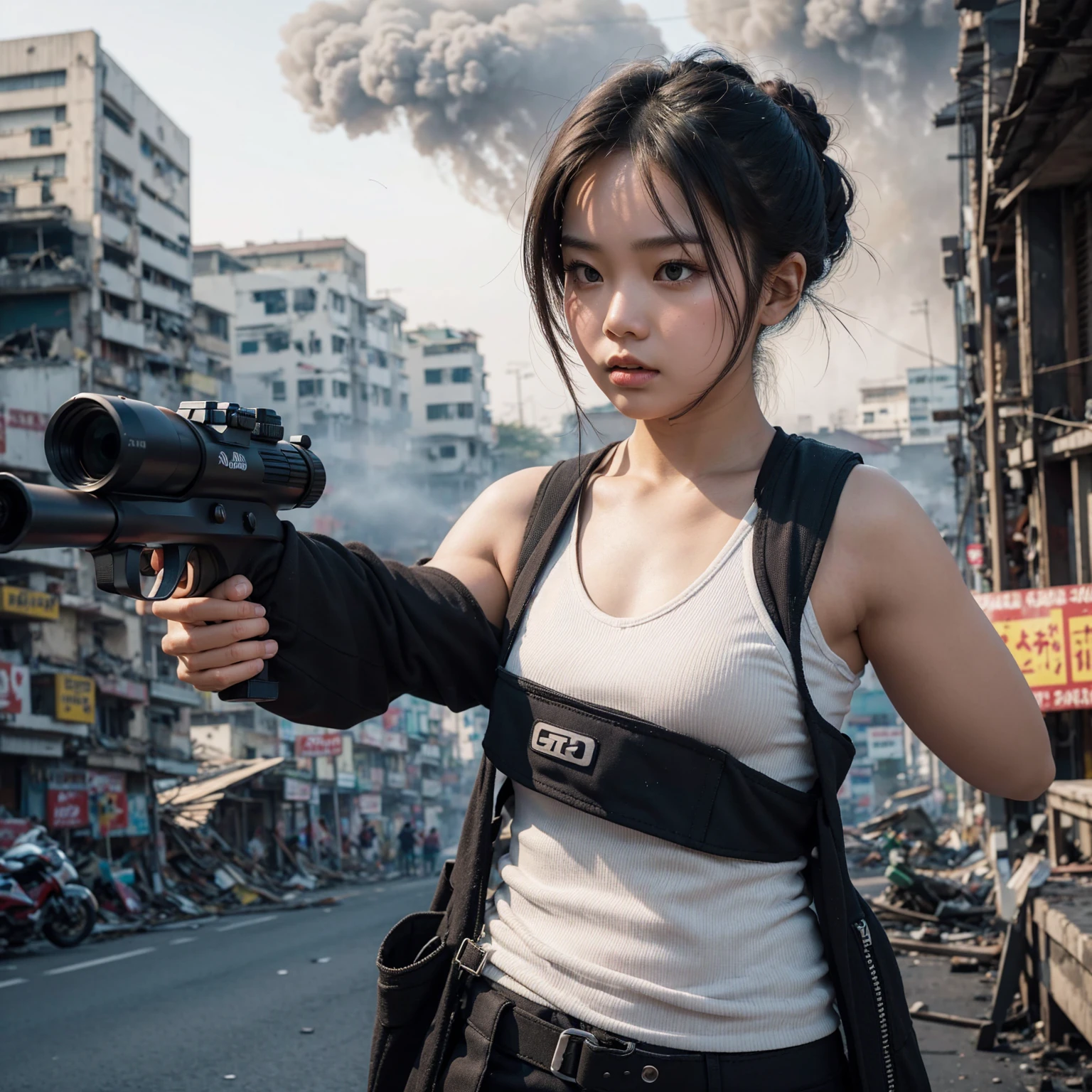 create realistic a 20yo indonesian woman slightly overweight, wears vest with white fitted tanktop and wears goggles clasic strap, wears elbow prptector, pastel gray tied up hair. practicing shooting with toy gun at street, serious expression, background apocalypse city of surabaya, fire at building, smoke at distance. UHD 16, dynamic. slightly dark sky. big tatto cover full left arm.