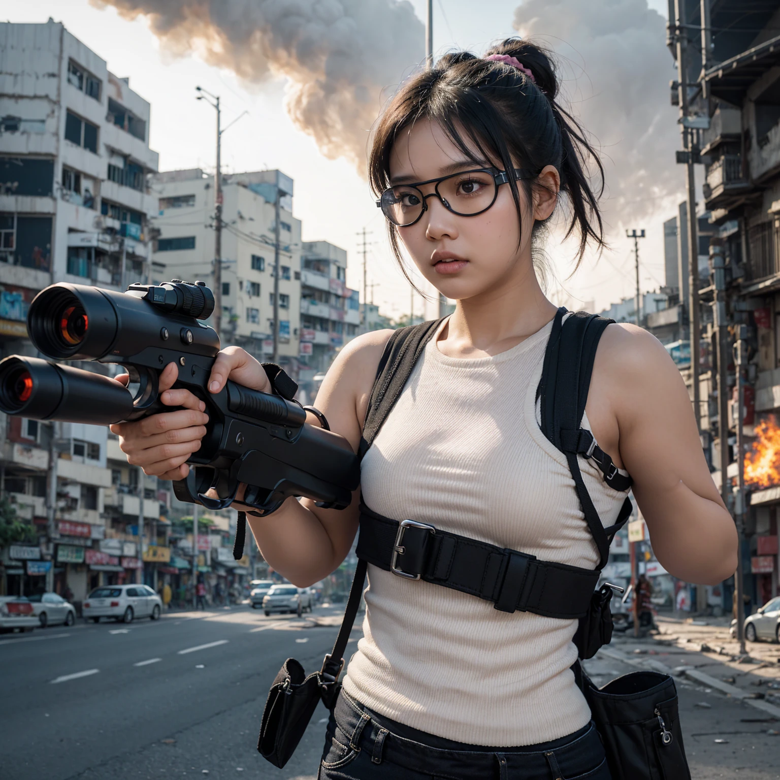 create realistic a 20yo indonesian woman slightly overweight, wears vest with white fitted tanktop and wears goggles clasic strap, wears elbow prptector, pastel gray tied up hair. practicing shooting with toy gun at street, serious expression, background apocalypse city of surabaya, fire at building, smoke at distance. UHD 16, dynamic. slightly dark sky. big tatto cover full left arm.