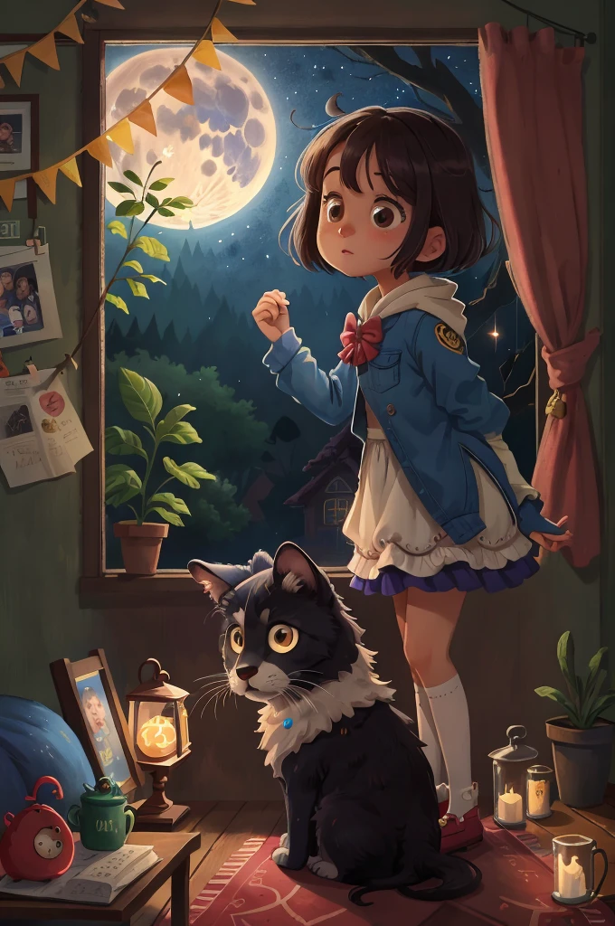 Luna looking amazed and curious as she stands at her window, watching the moonbeam path form and light up her room, HD, 4K