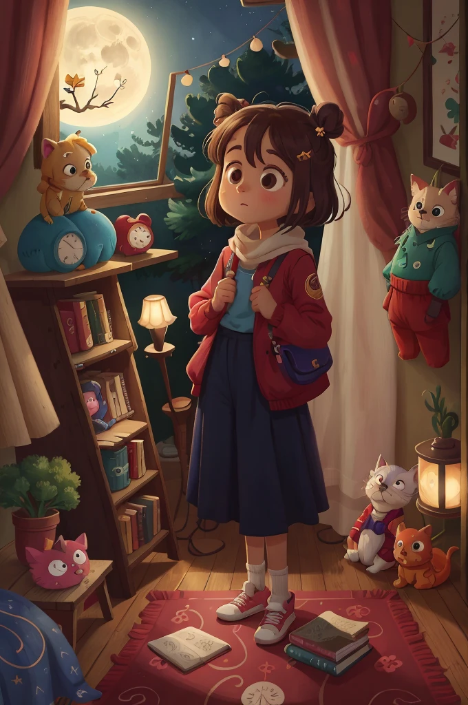 Luna looking amazed and curious as she stands at her window, watching the moonbeam path form and light up her room, HD, 4K