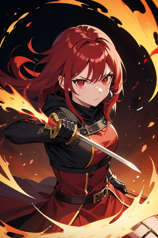 make images of a female demon slayer character with red eyes red hair red clothing a serious face in an action pose in a battle with her sword on fire and around her on fire her using fire attacks