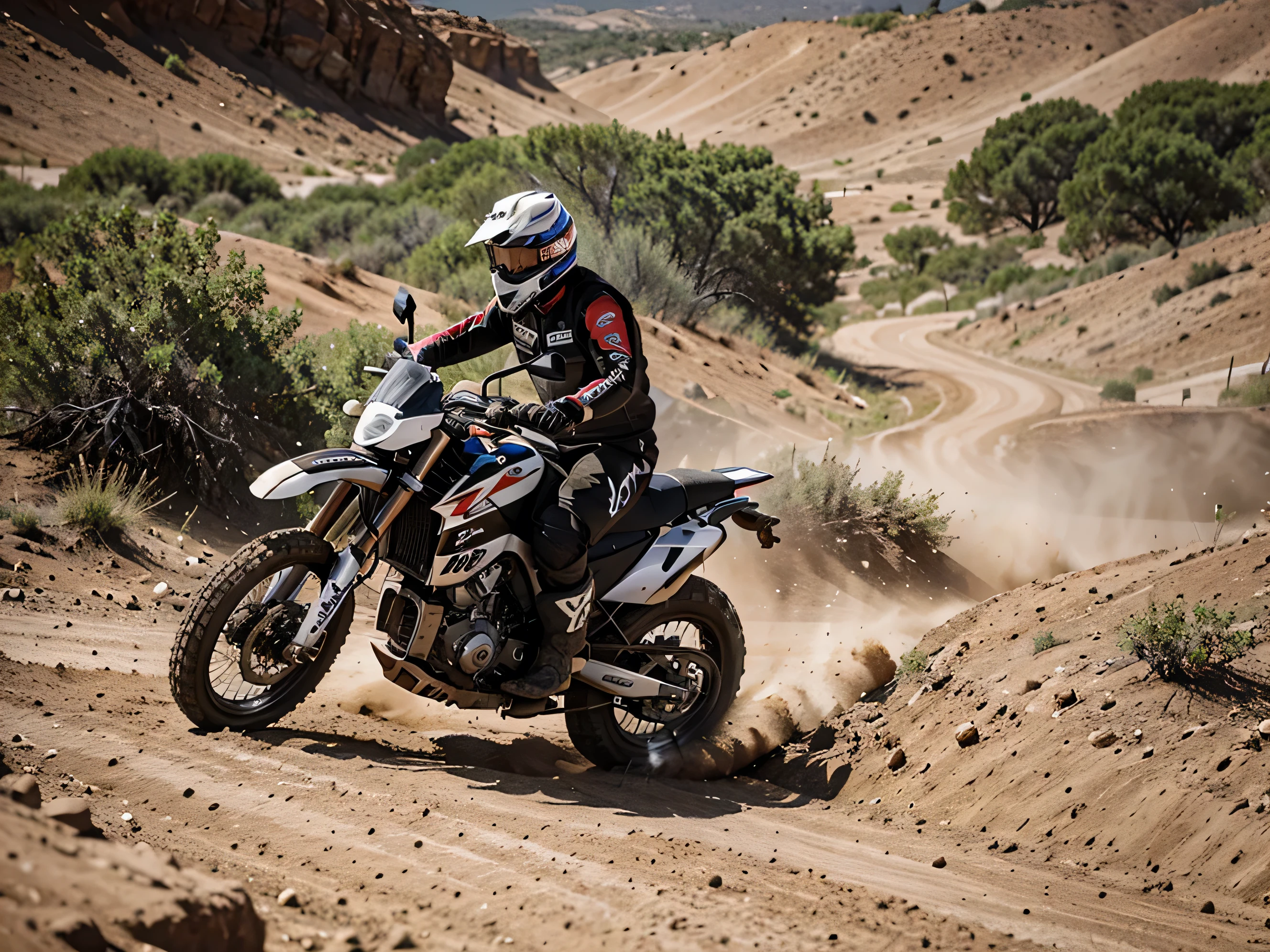 Create a high definition image of a rally motorcycle rallying on a dirt road. masterpiece, realisitic, doing maneuvers