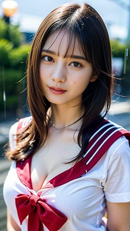 (masterpiece, highest quality:1.2), 8K, official art, RAW photo, incredibly absurd, (Upper body, sailor suit, serafuku:1.4), beautiful girl, 18-year-old、cute face, arch back, navy pleated skirt, close, Soaked , short sleeve, gardenia, violaces, Ten generations, street, looking at the viewer, film grain, chromatic aberration, sharp focus, face light, dynamic lighting, cinematic lighting, detailed eyes and face, background bokeh, (1 dark red bow tie:1.2)、(heavy rain、dark sky:1.5)、one girl、blush、look at the viewer、(huge breasts:1.2)、Drenched hair、wet face,wet skin、wet body、wet costume、flower、hairpin、necklace、earrings、Depth of bounds written、尖ったred mouth、red mouth,clavicle、beautiful fingers、Loosen your tie、cute wet face、Wet clothes that stick to your chest、Wet and see-through clothes、short hairstyle