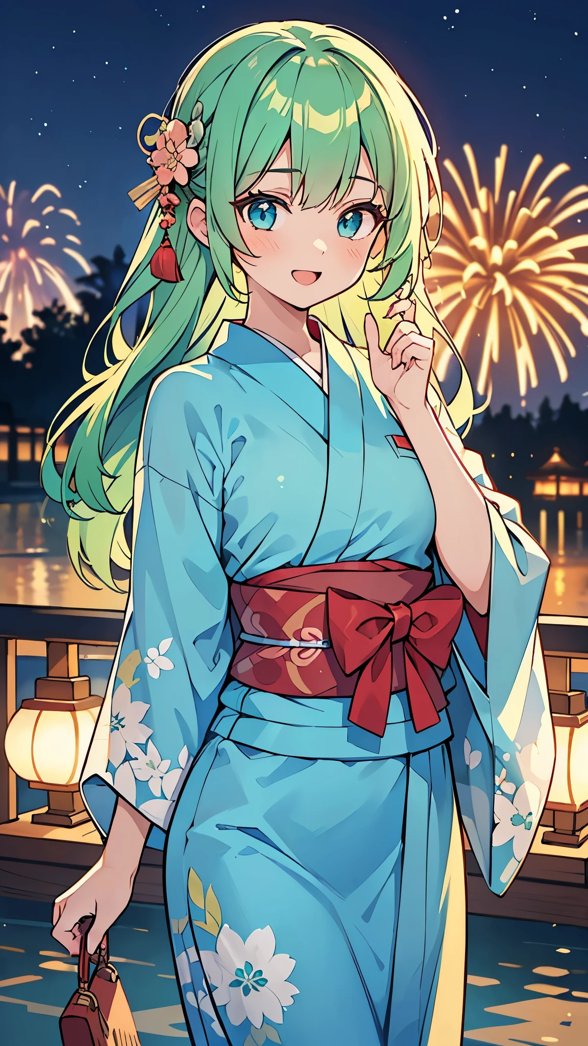 ((A Pretty girl with green hair and blue eyes)), ((wearing the Japanese yukata)), , ((top-quality, master piece, ultra-definition, high resolution)), anime girl, ((ultra-detailed illust:1.2)), only one person, bangs, hair between eye, beautiful hair, Beautiful eyes, medium breasts, Big smile, opened mouth, outdoor, night scape, fireworks