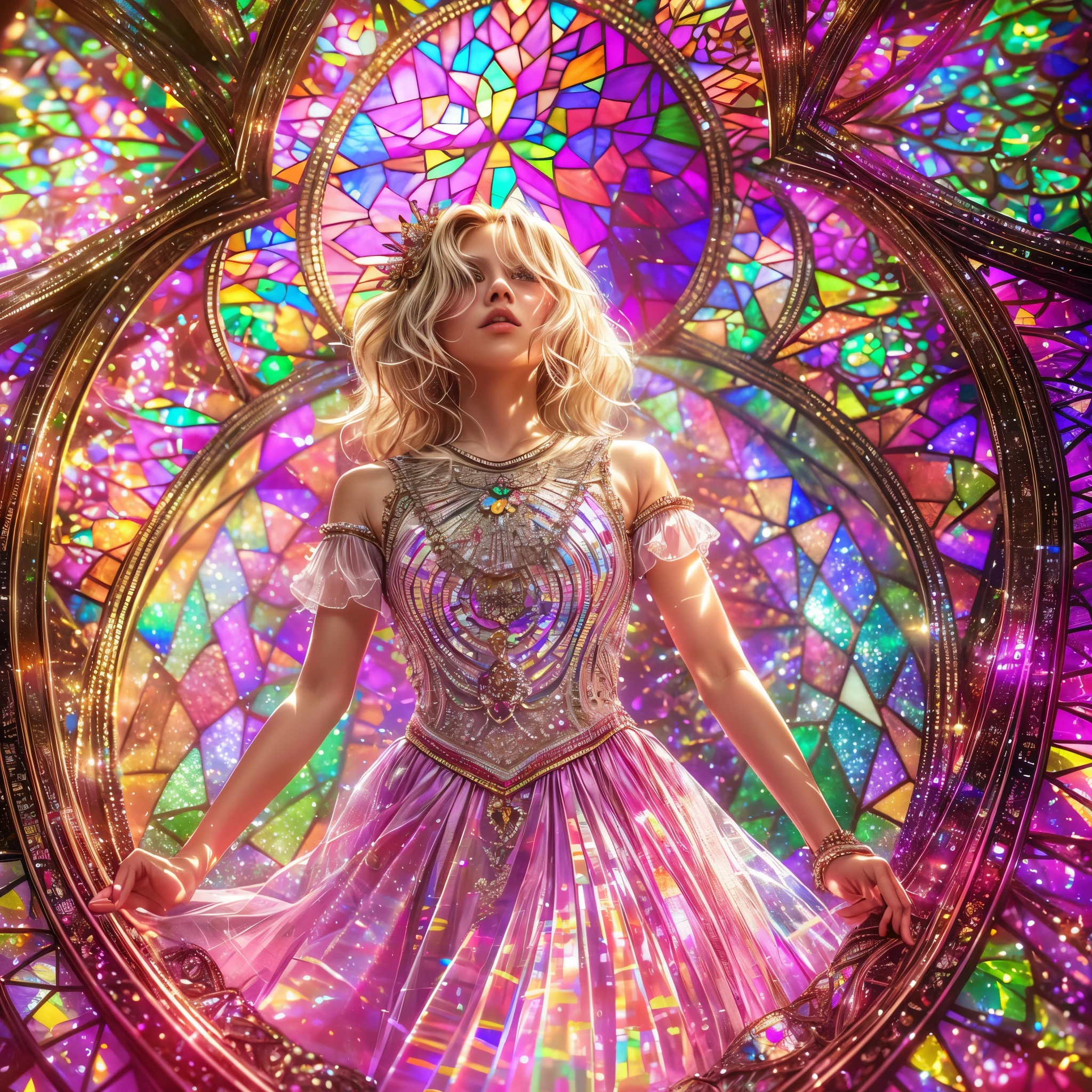 Red carpet (Cathedral from below:1.28) VolumetricLighting (FullBody ZoomedOut:1.28 Wide-shot) ZoomLayer (BokeH:1.32), TopQuality 8K masterpiece of ((Professional photo)), (((Clarisse de Cagliostro))) (Detailed Delicate White Dresses), Chain, Extremely detailed (KAWAII face) {(VeiledFace)|BlondeHair|(Spanking BuleEyes)}, The background is distant (((Elaborate stained glass))) Rainbow Glass, (MysticSight) {(GodRays)|Haze|TyndallEffect}, Radiant PearlSkin with Transparency, (Exposed:0.38)