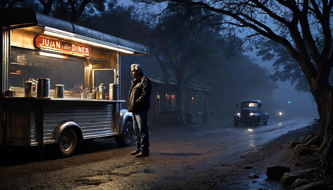 001: Create a detailed and ultra-realistic night scene in a 16:9 format featuring Juan Carlos Martínez, an experienced truck driver, preparing for a long night journey. He is a middle-aged man with a rugged appearance, wearing a dark jacket, jeans, and boots. He grew up in Jalisco, surrounded by local stories and legends, and although skeptical about the supernatural, he finds solitary nights on the road moments of reflection and tranquility. His truck, with its headlights on, is loaded and ready, parked in front of an old wooden diner called "El Viajero Diner" with large windows revealing a warmly lit interior. Inside the diner, an older man with gray hair is behind the counter. The exterior is dark and foggy, with two metal barrels to the left of the diner and a wet ground reflecting the lights. The background features bare trees and branches, enhancing the eerie atmosphere, as Juan prepares to head north, where a rarely used route passes through a dense, ancient forest known as "La Selva Oscura." The overall mood should be mysterious and slightly ominous, with a strong contrast between the warm interior lights and the cold, foggy night outside. The scene should have dark background, cinematic color tones, and a detailed, realistic depiction of the character and setting.