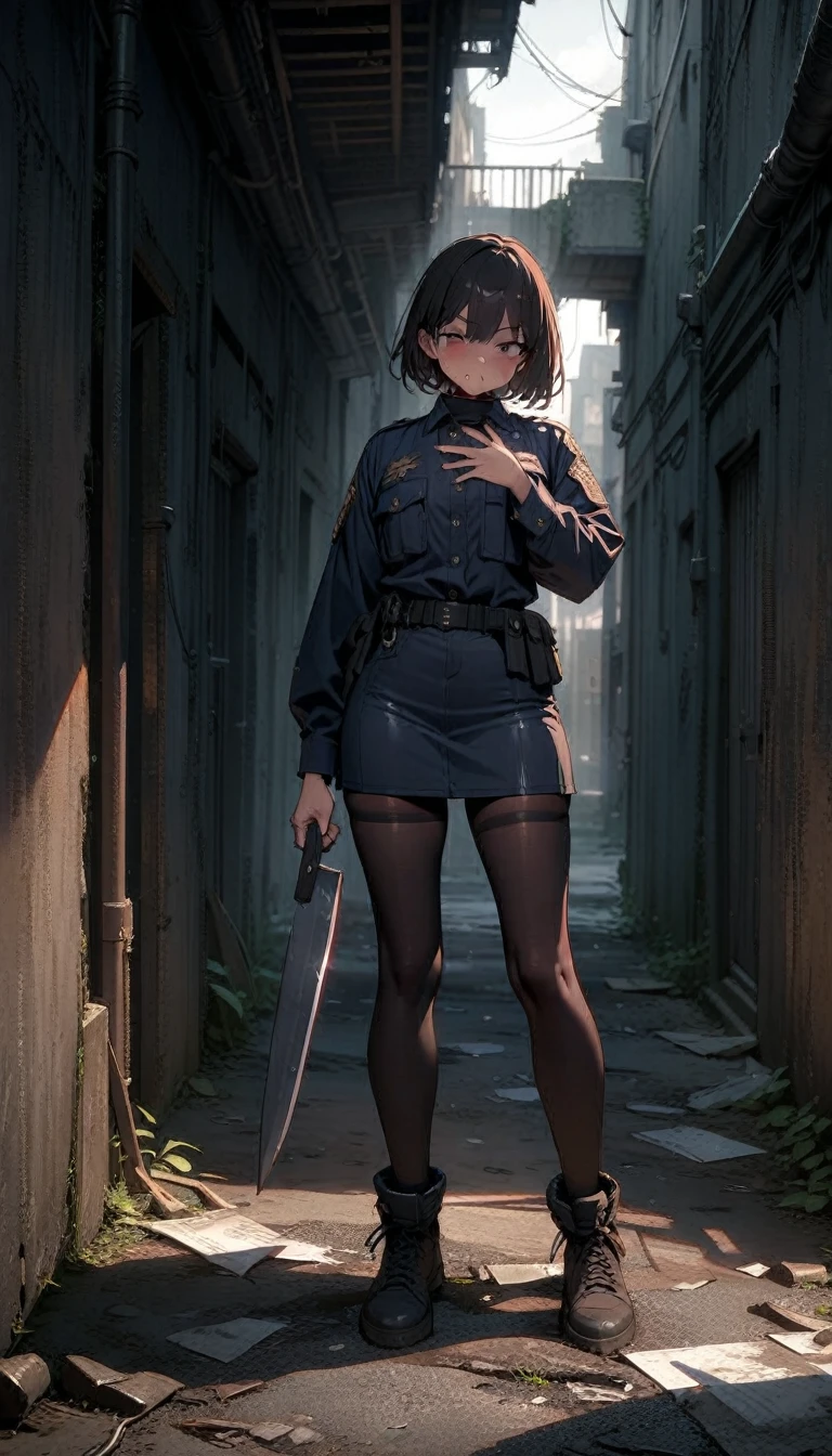 ((best quality)) , ((masterpiece)) , (detailed)，1 Police，Sneering expression，Holding a piece of clothing in his hand，Abandoned alleys，Knife on the ground，(whole body)