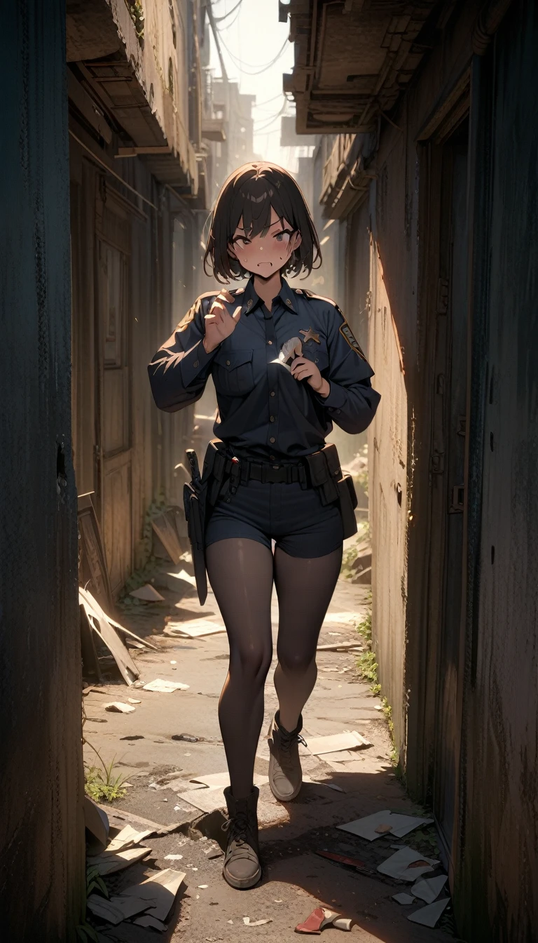 ((best quality)) , ((masterpiece)) , (detailed),1 Police,Sneering expression,Holding a piece of clothing in his hand,Abandoned alleys,Knife on the ground,(whole body)