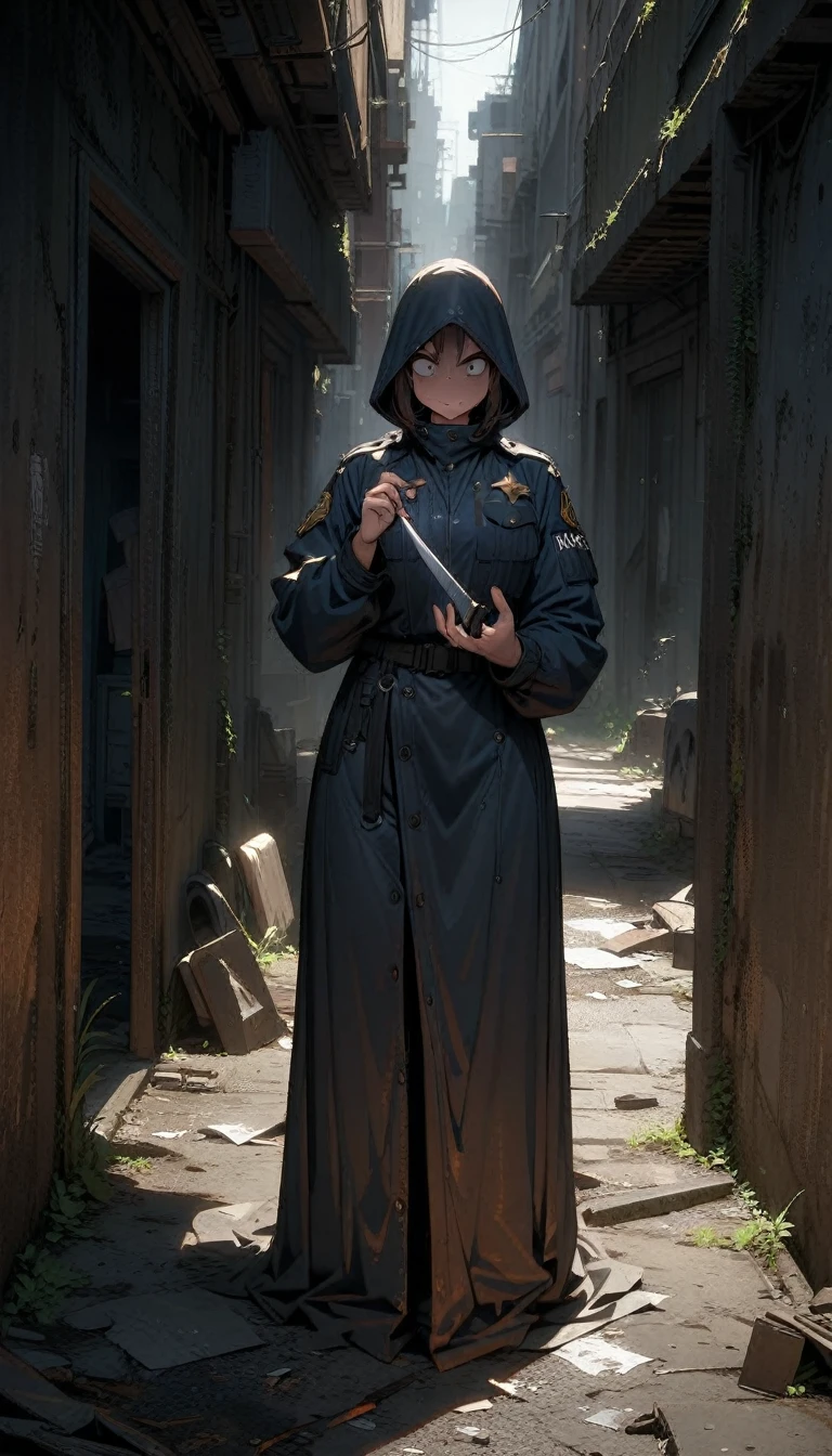 ((best quality)) , ((masterpiece)) , (detailed)，1 Police，Sneering expression，Holding a piece of clothing in his hand，Abandoned alleys，Knife on the ground，(whole body)