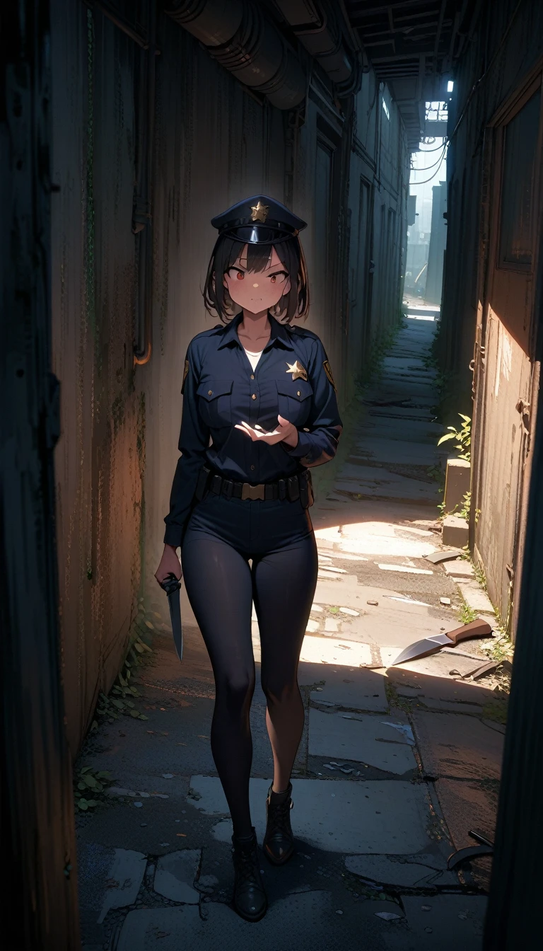 ((best quality)) , ((masterpiece)) , (detailed),1 Police,Sneering expression,Holding a piece of clothing in his hand,Abandoned alleys,Knife on the ground,(whole body)
