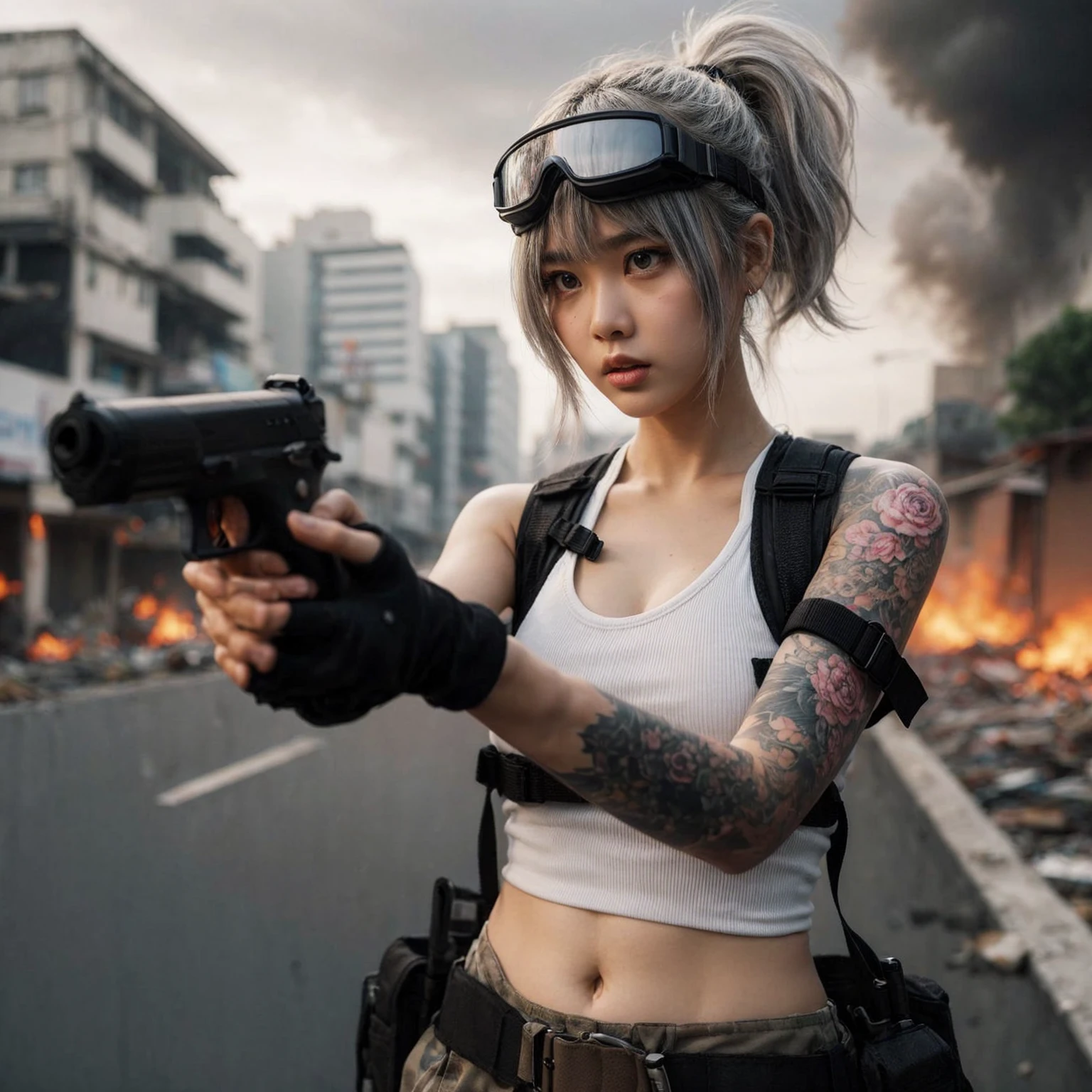 create realistic a 20yo indonesian woman slightly overweight, wears vest with white fitted tanktop and wears goggles clasic strap, wrapped hands with casa, pastel gray tied up hair. practicing shooting with toy gun at street, serious expression, background apocalypse city of surabaya, fire at building, smoke at distance. UHD 16, dynamic. slightly dark sky. big tatto cover full left arm.