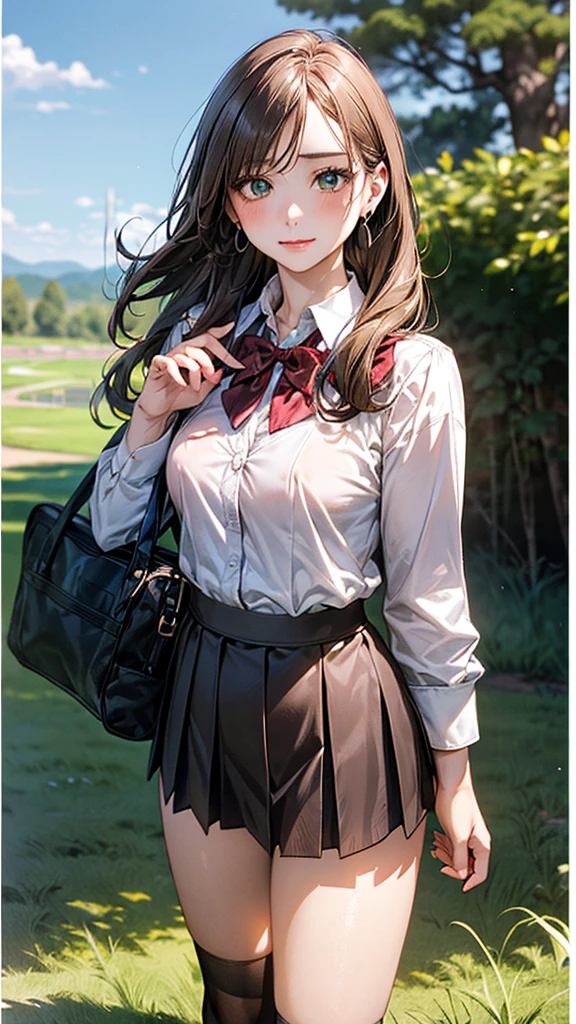 (masterpiece:1.2, top-quality), (realistic, photorealistic:1.4), beautiful illustration, (natural side lighting, movie lighting), 
looking at viewer, cowboy shot, front view:0.6, 1 girl, japanese, high school girl, perfect face, cute and symmetrical face, shiny skin, 
(long hair:1.8, straight hair:1.7, light brown hair), parted bangs, emerald green eyes, long eye lasher, (large breasts:0.9, thick thighs), 
beautiful hair, beautiful face, beautiful detailed eyes, beautiful clavicle, beautiful body, beautiful chest, beautiful thigh, beautiful legs, beautiful fingers, 
((, white collared shirts, black pleated mini skirt, black socks, brown loafers, red bow tie)), break, hoop ring earrings, pink panties, dark blue school bag, violet cardigan, break,
(beautiful scenery), In the grass of a meadow, a girl stands, slightly, legs open. A complete body. Perfect hands and legs.

Her face, bright red, flush and shy.
Her large breasts and nipples are standing out, even through the top of her shirt. （The skirt is shorter than normal, but even so, it is a very short mini pleated skirt that almost reveals her panties.)The girl has brown hair.

(The skirt is very short.) The girl's hair is brown.
