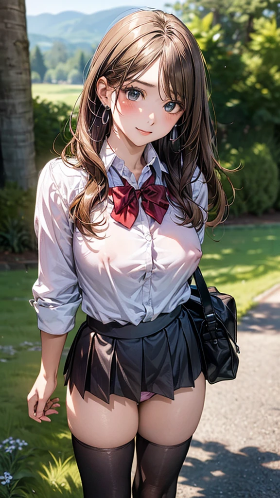 (masterpiece:1.2, top-quality), (realistic, photorealistic:1.4), beautiful illustration, (natural side lighting, movie lighting),
looking at viewer, cowboy shot, front view:0.6, 1 girl, japanese, high school girl, perfect face, cute and symmetrical face, shiny skin,
(long hair:1.8, straight hair:1.7, light brown hair), parted bangs, emerald green eyes, long eye lasher, (large breasts:0.9, thick thighs),
beautiful hair, beautiful face, beautiful detailed eyes, beautiful clavicle, beautiful body, beautiful chest, beautiful thigh, beautiful legs, beautiful fingers,
((, white collared shirts, black pleated mini skirt, black socks, brown loafers, red bow tie)), break, hoop ring earrings, pink panties, dark blue school bag, violet cardigan, break,
(beautiful scenery),In the grass of a meadow, a girl stands, slightly, legs open. A complete body. Complete hands and legs. Thin waist.
Her face, bright red, flush and shy. Large breasts.
You can see her nipples standing out, even through her shirt. (The skirt is shorter than normal, but even shorter, with very short mini pleated skirts that almost show her panties.)The girl has brown hair.
(The skirt is extremely short.)
(The skirt is extremely short.)