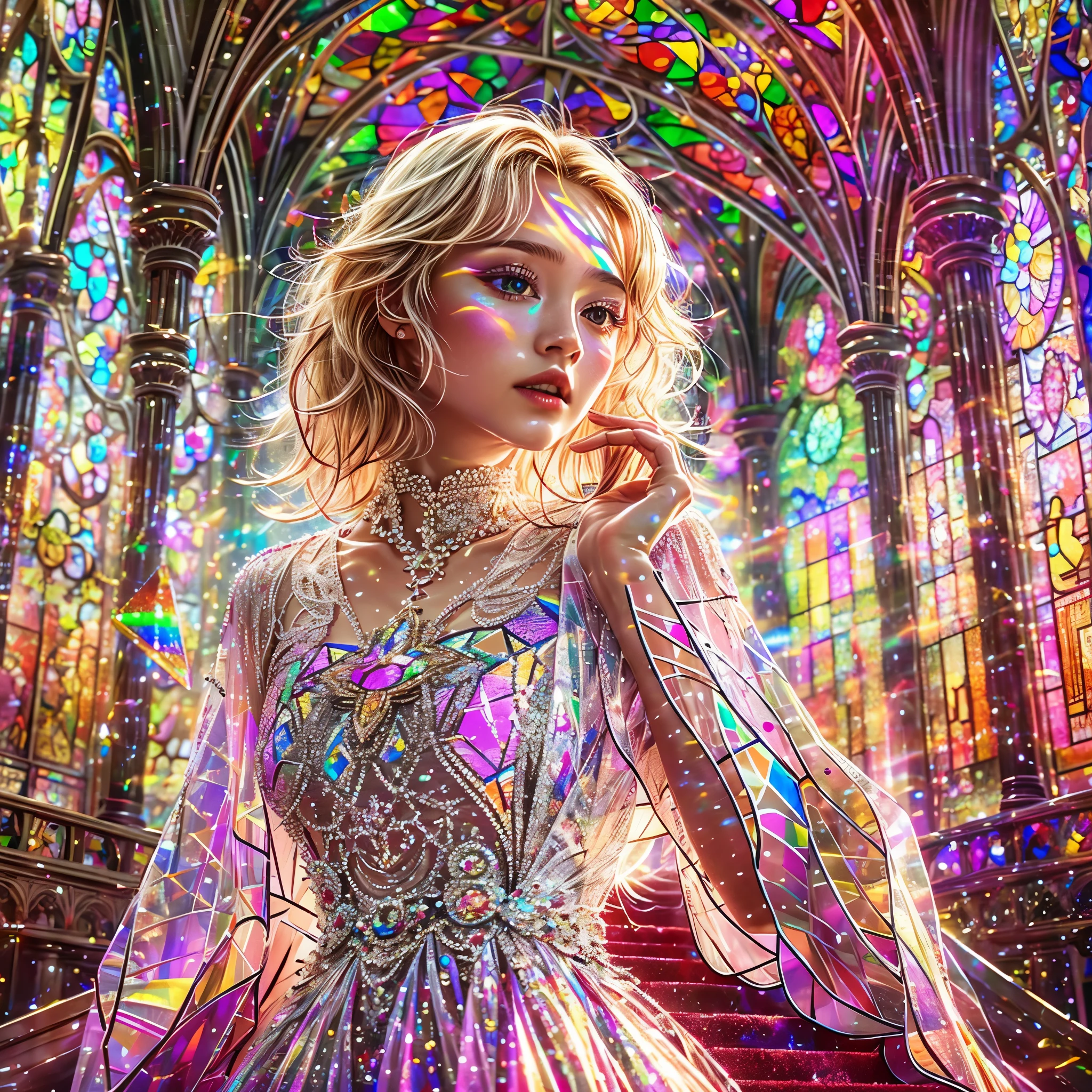 Red carpet (Cathedral from below:1.28) VolumetricLighting (FullBody ZoomedOut:1.28 Wide-shot) ZoomLayer (BokeH:1.32), TopQuality 8K masterpiece of ((Professional photo)), (((Clarisse de Cagliostro))) (Detailed Delicate White Dresses), Chain, Extremely detailed (KAWAII face) {(VeiledFace)|BlondeHair|(Spanking BuleEyes)}, The background is distant (((Elaborate stained glass))) Rainbow Glass, (MysticSight) {(GodRays)|Haze|TyndallEffect}, Radiant PearlSkin with Transparency, (Exposed:0.38)