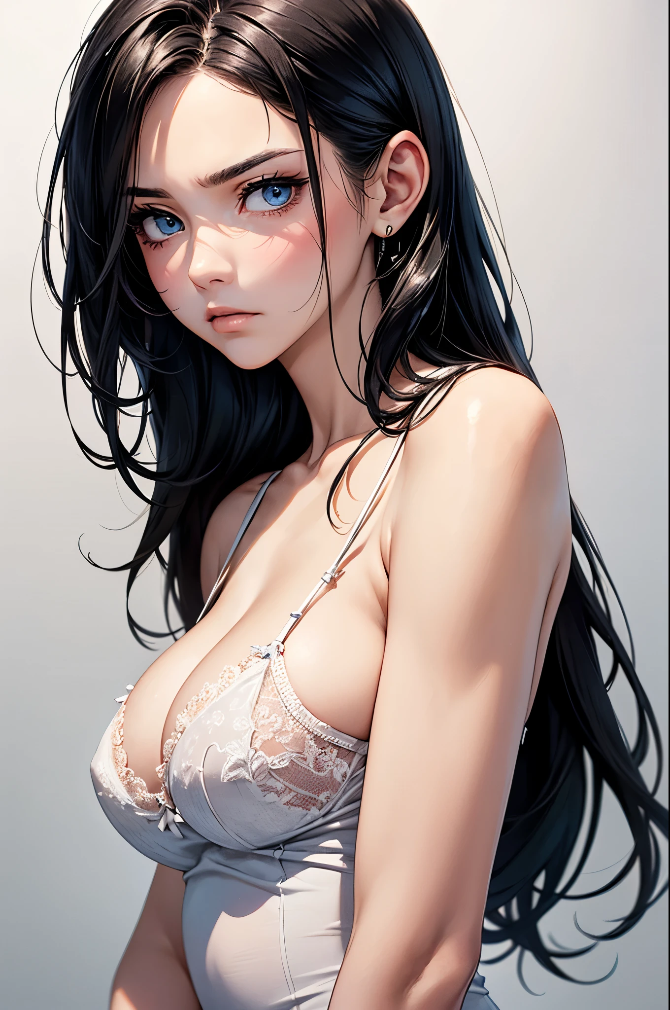 a beautiful woman with long black hair, annoyed expression, beautiful detailed breasts, wearing a white thin camisole, well-proportioned outfit, facing forward, slightly flushed cheeks with a disdainful expression, beautiful detailed face, upper body portrait, blue eyes, evenly styled bangs, transparent and sexy lingerie
