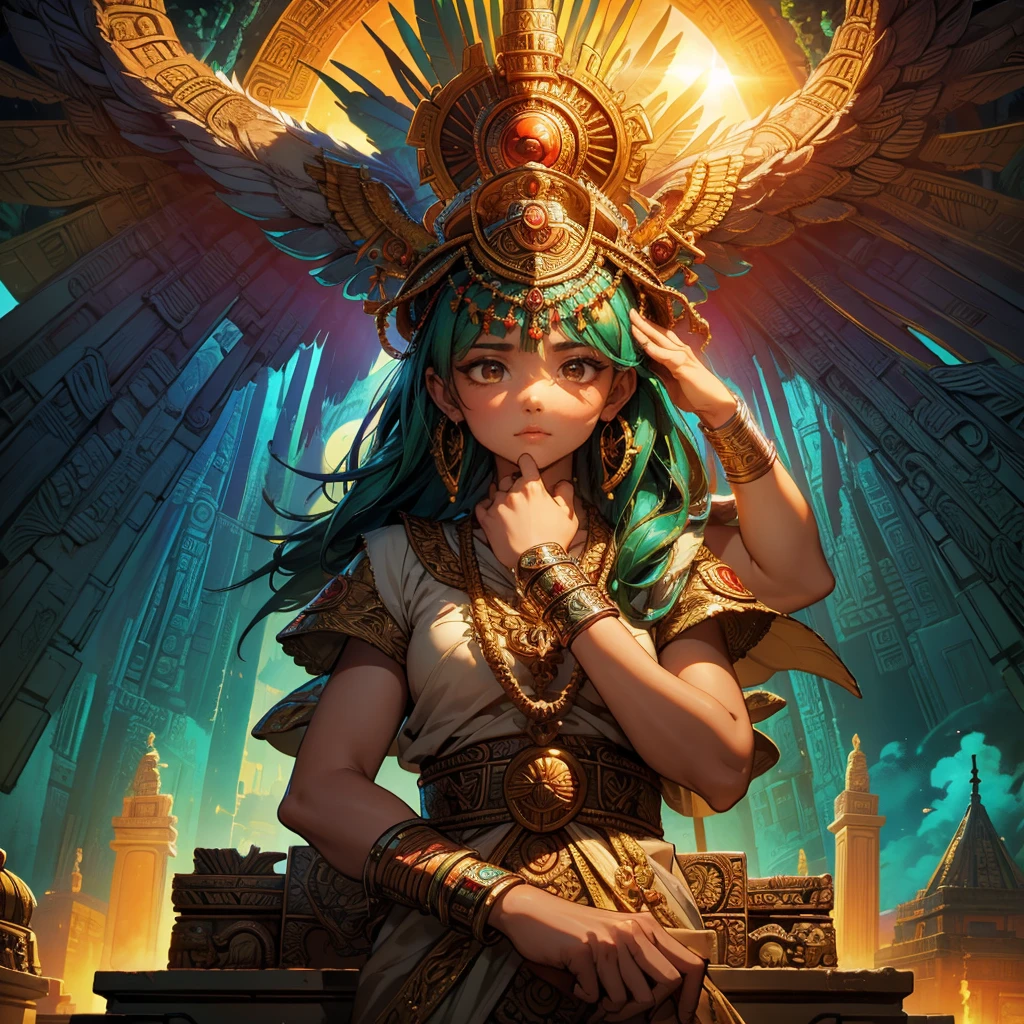 Childish,  high quality、Very detailed、８Year、Mayan Aztec young priestess、Flying Feathered Serpent（Quetzalcoatl Kukulkan）Looking up at the sky and offering prayers、Chichen Itza Temple of the Sun in the Forest、mysterious、