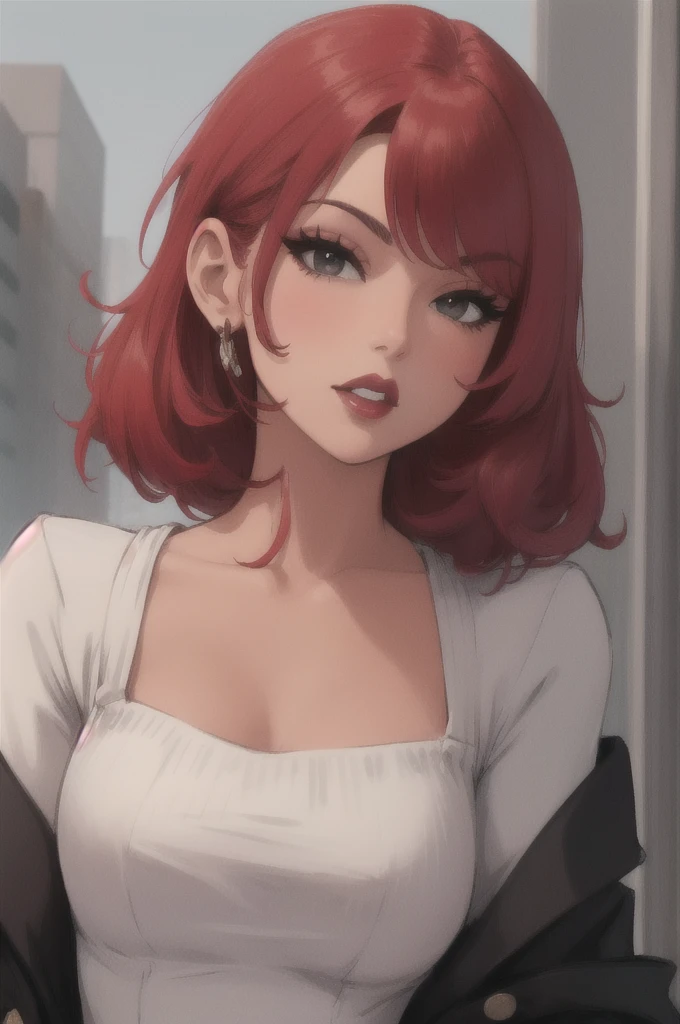 Woman with red hair, black eyes, pink lips stick, tan skin
