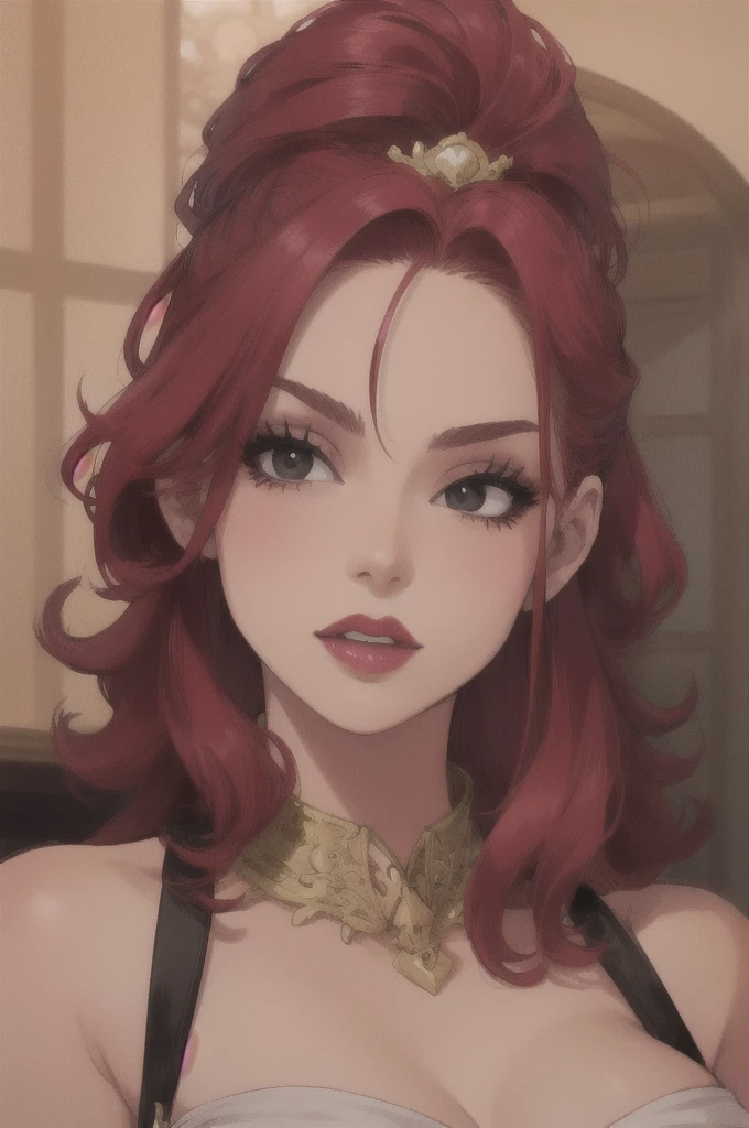 Woman with red hair, black eyes, pink lips stick, tan skin