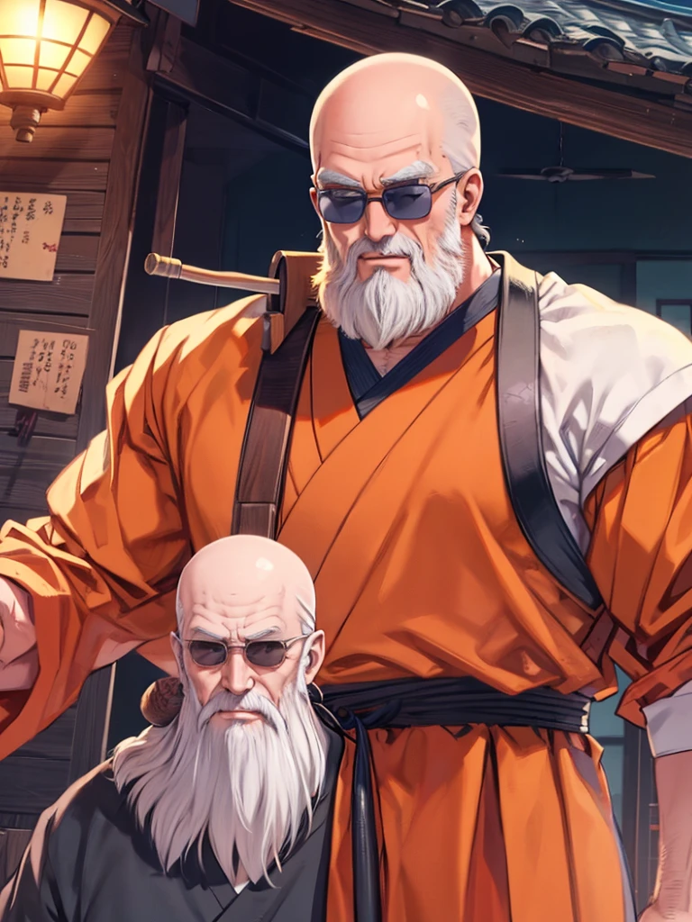 An old man、Master Roshi、Dragon Ball、Bald head、A long white beard、Sunglasses Aloha Shirt、laughing、bent back、Holding a wooden cane、Upper Body、