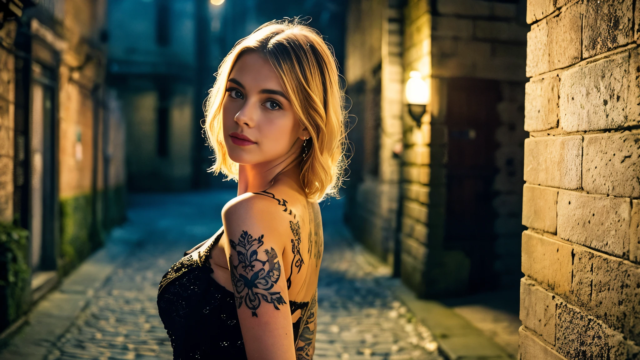 tatuados,Beautiful blonde with big breasts in a black dress、(Back tattoo、Many tattoos on both arms and neck)、 (Late night back alley、walk),Candlelight only,Very detailed, 21 years old, Innocent face, Wavy Hair, blue eyes, High resolution, masterpiece, Highest quality, Intricate details, Very detailed, Clear focus, Delicate skin, practical skin texture, texture, Delicate eyes, Professional, 4K, Sad face,despair、 Shot with Canon, 85mm, Shallow and deep,  Kodak Vision Color, Exactly, Very detailed, photograph_\(Extremist\), photographpractical, practical, Post-processing, Maximum details, Roughness, Real Life, Extremist practical, Photorealism, photographgraphy, 8K Ultra HD, photographgraphy