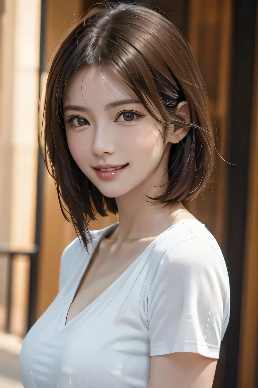 Highest quality, Ultra-high resolution, (Realistic: 1.4), beautiful Eyes, Super beautiful, Very short hair, beautiful, spouse, Rough Chest T-shirt, beautiful Soldier, Eyes that beckon, The spouse's perspective, Attractive look, Sexy smile, Perfect Style, Perfect balance, Detailed skin, Mischievous Gaze, I can see your chest