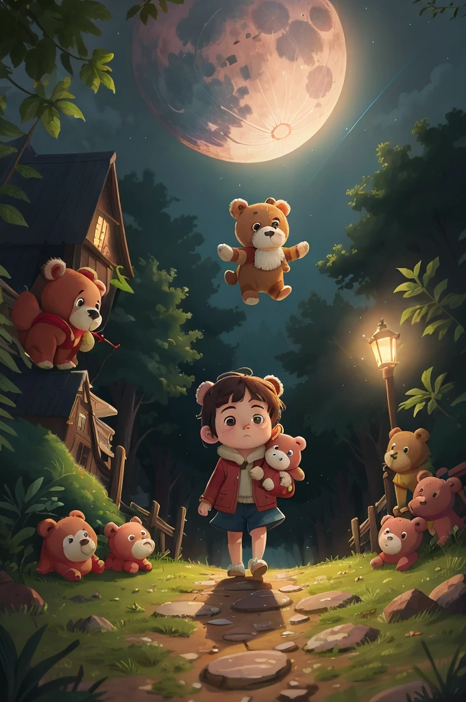 Luna, with her teddy bear Mr. Snuggles, carefully stepping onto the glowing moonbeam path, lifting off into the night sky, HD, 4K