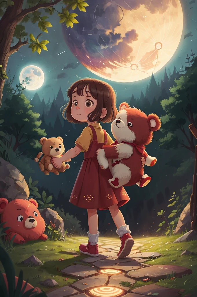 Luna, with her teddy bear Mr. Snuggles, carefully stepping onto the glowing moonbeam path, lifting off into the night sky, HD, 4K