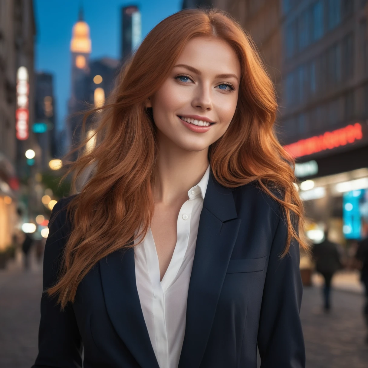 (((light redhead))) Model with (((bright blue eyes))), Model Elena Fernades, Long hair, nice hair, soft skin, bright blue eyes, smile, Vegetation, casual, Businesswoman style clothing, black blazer, realisti, with background in a chic restaurant, 8k super realisti, super detailed and realistiOne walking in the city, accompanied by the busy sounds of cars and footsteps. Beautiful eyes and detailed lips, that add charm to your face. She is fashionably dressed, radiates confidence and elegance. The cityscape is full of tall skyscrapers, vibrant neon lights, And busy streets. A mixture of excitement and urban energy is in the air. The girl walks purposefully, her long eyelashes flutter in the wind. The city is bathed in a warm sunset, casts a magical golden light on everything around. The art is created in a realisti style with ultra-detailed and vivid colors. The composition captures the dynamic atmosphere of the city, with a sharp focus on the girl as the central figure. The lighting emphasizes the contrast between light and shadow, add depth to the scene. The overall quality of the image is of the highest quality, with high resolution and excellent detail. 1 slim woman , long light red hair, nice hair color, smooth skin, light blue eyes, smile, Vegetation, casual, Businesswoman style clothing, black blazer, realisti, with chic hotel background, 8k super realisti, super detailed and realisti, Photo 480 x 768, best photo, realisti 8 K. Elena Fernades Stil.
