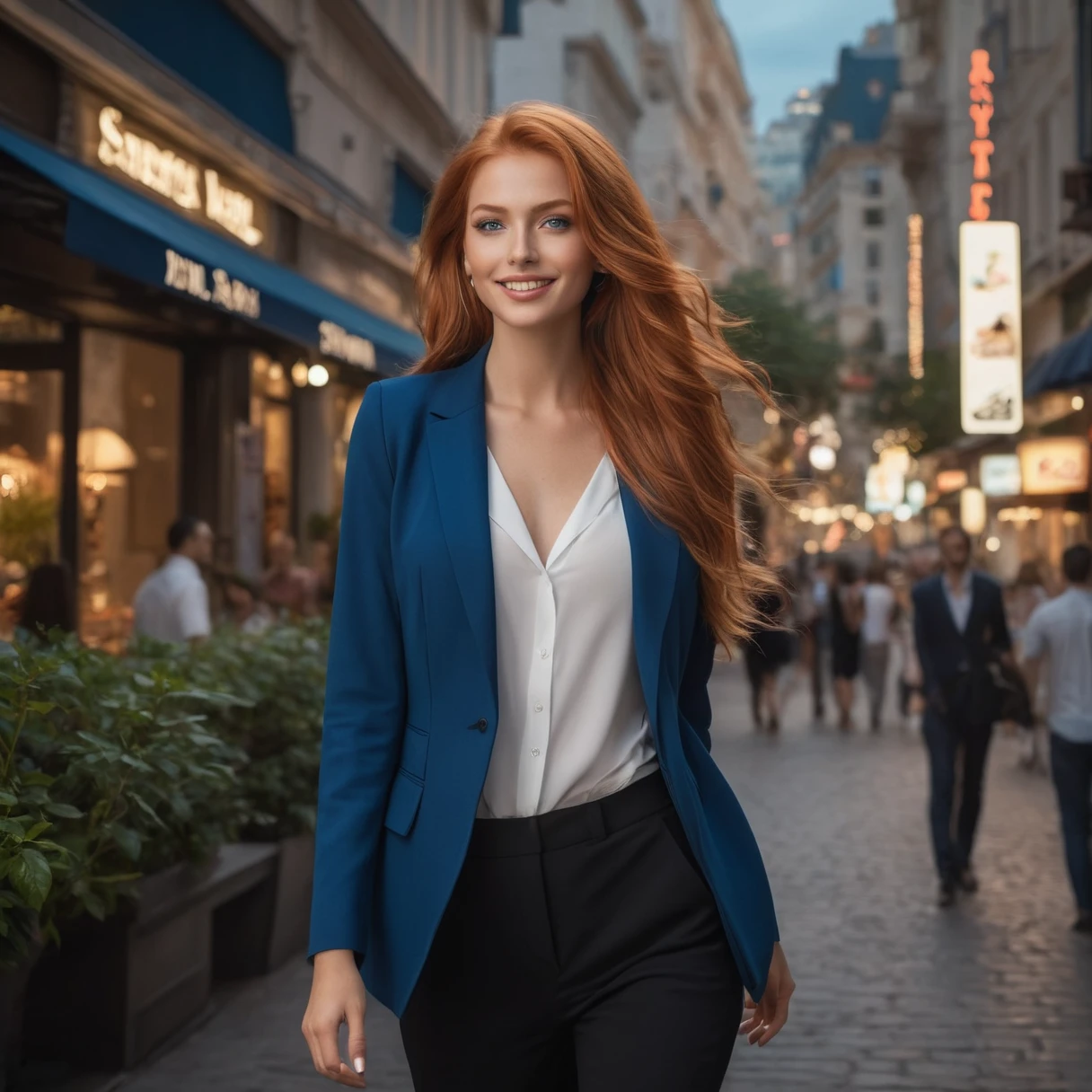 (((light redhead))) Model with (((bright blue eyes))), Model Elena Fernades, Long hair, nice hair,  soft skin, bright blue eyes, smile, Vegetation, casual, Businesswoman style clothing, black blazer, realisti, with background in a chic restaurant, 8k super realisti, super detailed and realistiOne walking in the city, accompanied by the busy sounds of cars and footsteps. Beautiful eyes and detailed lips, that add charm to your face. She is fashionably dressed, radiates confidence and elegance. The cityscape is full of tall skyscrapers, vibrant neon lights, And busy streets. A mixture of excitement and urban energy is in the air. The girl walks purposefully, her long eyelashes flutter in the wind. The city is bathed in a warm sunset, casts a magical golden light on everything around. The art is created in a realisti style with ultra-detailed and vivid colors. The composition captures the dynamic atmosphere of the city, with a sharp focus on the girl as the central figure. The lighting emphasizes the contrast between light and shadow, add depth to the scene. The overall quality of the image is of the highest quality, with high resolution and excellent detail. 1 slim woman , long light red hair, nice hair  color, smooth skin, light blue eyes, smile, Vegetation, casual, Businesswoman style clothing, black blazer, realisti, with chic hotel background, 8k super realisti, super detailed and realisti, Photo 480 x 768, best photo, realisti 8 K. Elena Fernades Stil.