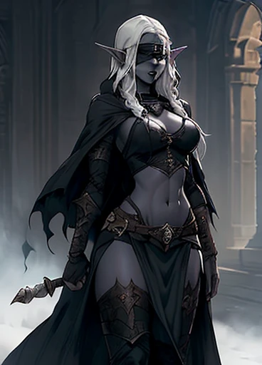 drow, female, pointy ears, solo, elf, navel, hood, colored skin, midriff, looking at viewer, long hair, erotic dress, dark elf, breasts, white hair, cape, large breasts, hooded cloak, blindfolded, belt, pouch, grey skin, full body, weapon, lips, ((masterpiece, best quality)), puppeteer