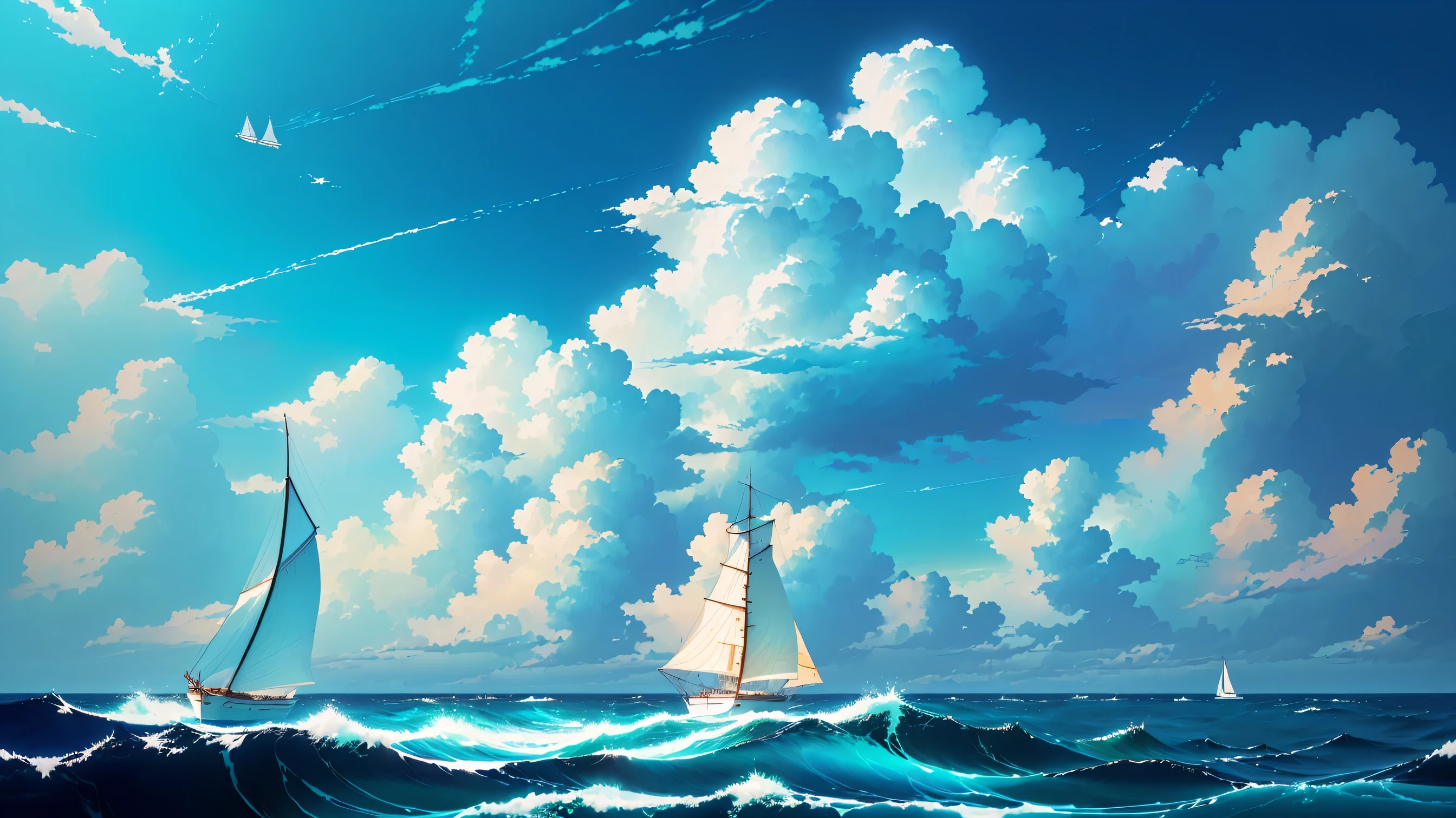 A sailboat floats on the sea under a cloudy sky, Blue Sea. by Shinkai Makoto, Shinkai Makoto cyril rolando, ( ( Shinkai Makoto ) ), Amazing wallpapers, author:rhads, Beautiful floating clouds. Japanese cartoons, wallpaper Japanese cartoons blue water, style of Shinkai Makoto