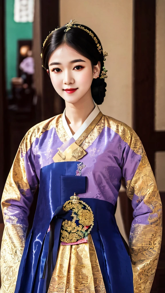 woman wearing dangui,waist up portrait,sweet smile,updo,extremely detailed clothes,masterpiece,8k,trending on pixiv,highest quality,