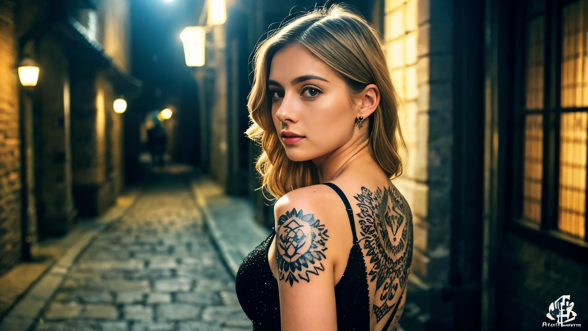 tatuados,Beautiful blonde with big breasts in a black dress、(Back tattoo、Many tattoos on both arms and neck)、 (Late night back alley、walk),Candlelight only,Very detailed, 21 years old, Innocent face, Wavy Hair, blue eyes, High resolution, masterpiece, Highest quality, Intricate details, Very detailed, Clear focus, Delicate skin, practical skin texture, texture, Delicate eyes, Professional, 4K, Sad face,despair、 Shot with Canon, 85mm, Shallow and deep, Kodak Vision Color, Exactly, Very detailed, photograph_\(Extremist\), photographpractical, practical, Post-processing, Maximum details, Roughness, Real Life, Extremist practical, Photorealism, photographgraphy, 8K Ultra HD, photographgraphy