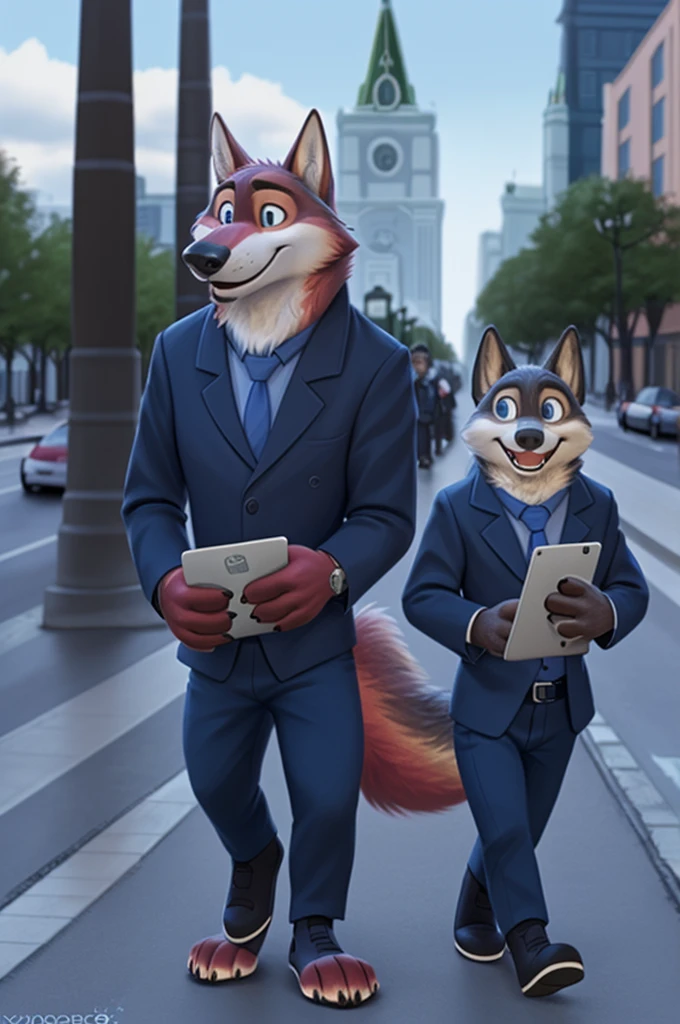 Joachim Wolfbach (Zootopia),tall handsome, wolf,young, 24 years, brown fur,(red body:1.3),Blue eyes, Moscow Dressed jacket, shirt, tie,trousers, canine, wolf, detailed fur, Male, second, paw pads, finger claws,Holding a laptop in his hands, At the viewer, 5 fingers, paws, 5 fingers, smile, happy, resting, wrist watch, т nextel, son walking, baby carriage,holding a stroller from xenoforge, (difficult, high detail,digital photography, soft focus,, wife next to son, on preparation,smile смех,walks with a wolf cub, open mouth, baby carriage
фотореализм, realistic, photorealistic, digital style, subsurface scattering,
masterpiece, Best quality, ultra realistic, 8 thousand.)