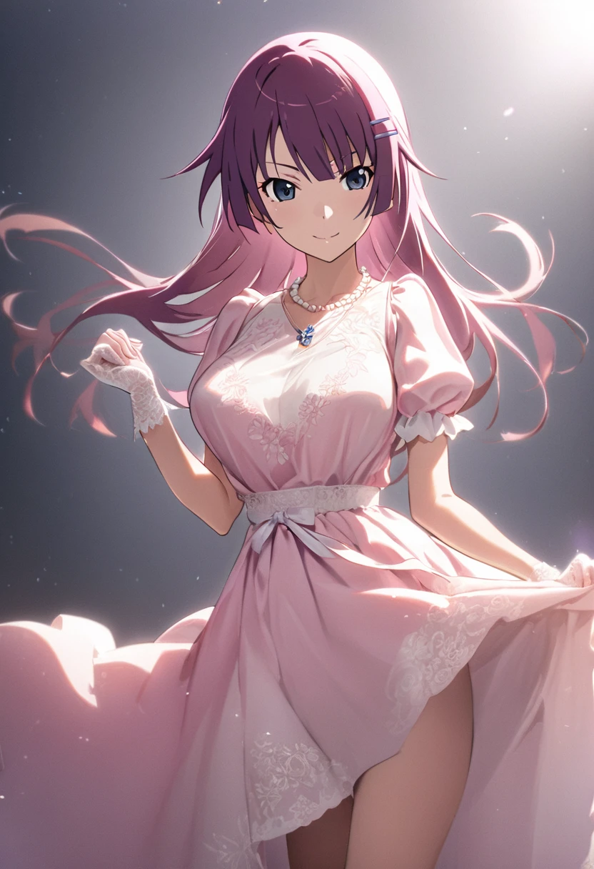 1girl, senjougahara hitagi, large breast,monogatari \(series\),elegant ojou-sama style, refined summer fashion, young girl,skirt lifting, fashion magazine photoshoot, studio lighting, white background, masterpiece, best quality, absurdres
Outfit details:
A-line tea-length dress in pastel pink with delicate floral embroidery
White lace peter pan collar
Puff sleeves with lace cuffs
Thin satin ribbon belt at the waist in a slightly darker pink
Accessories:
Pearl necklace with a small diamond pendant
White lace gloves, wrist-length
Pale pink kitten heel pumps with a small bow detail
Delicate pearl hair clips
Pose:
Graceful stance with hands gently clasped in front
Slight tilt of the head, with a soft, refined smile
Eyes looking slightly to the side, giving an air of demure elegance
Background:
Clean white studio backdrop
Soft, diffused lighting for a gentle, ethereal glow